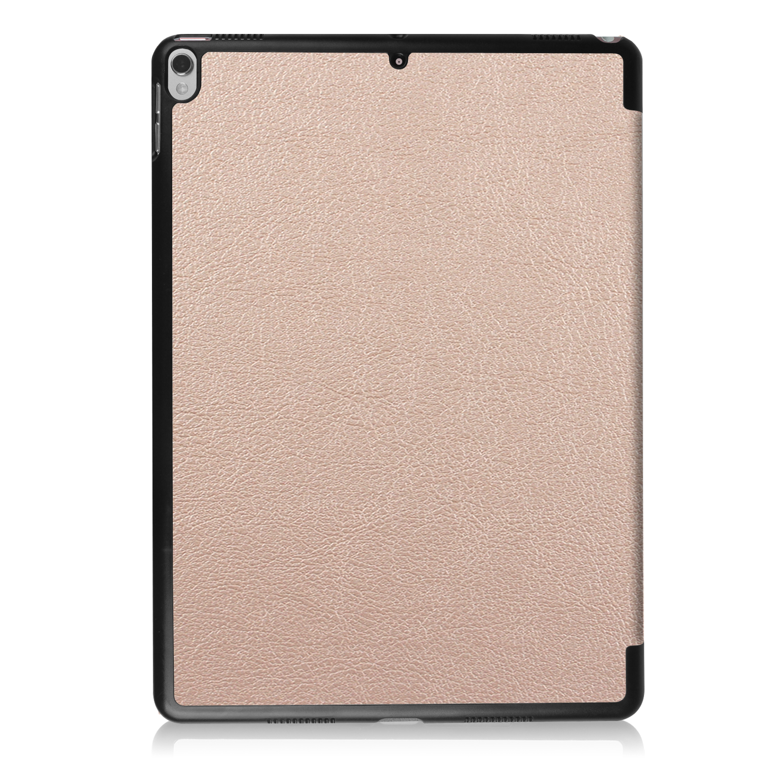 Tablet mit roségoldfarbener lederartiger Hülle, schwarzem Rahmen.