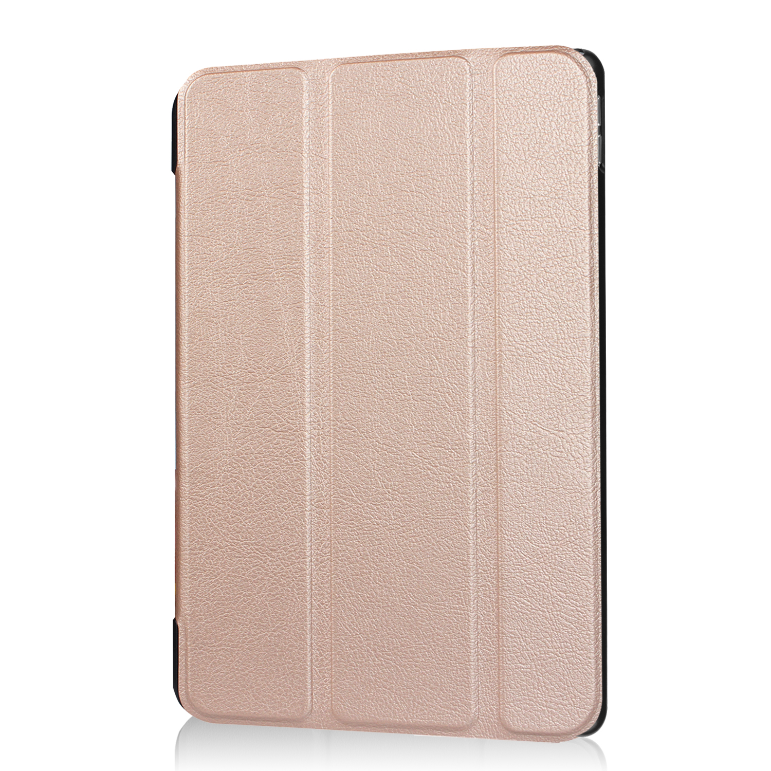 Rosa Tablet-Hülle, geschlossen, strukturierte Oberfläche. Schwarze Kanten und Reflexion sichtbar.