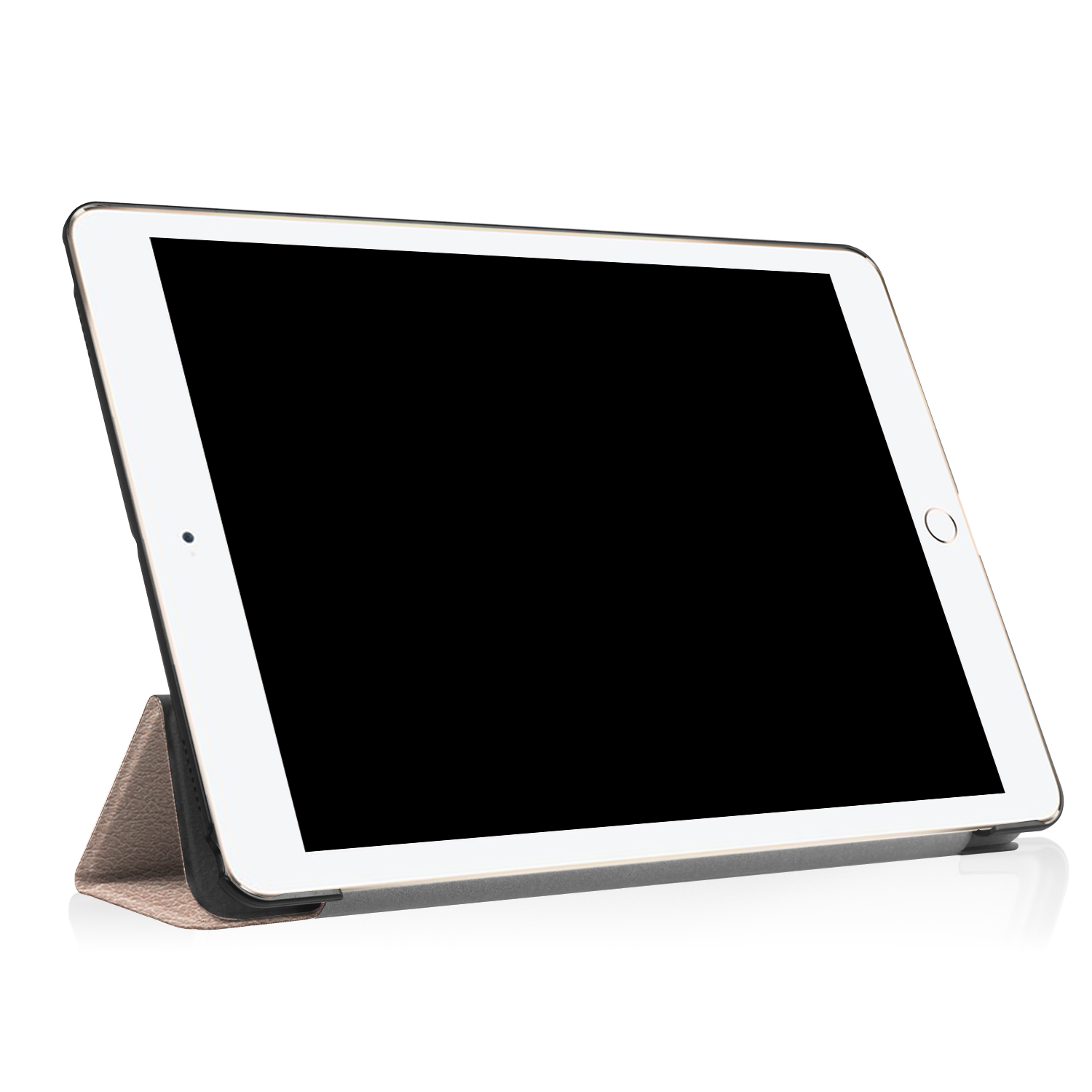 Tablet auf einem Ständer. Der Bildschirm ist schwarz. Das Gehäuse ist hellbraun und schwarz. Weißer Hintergrund.