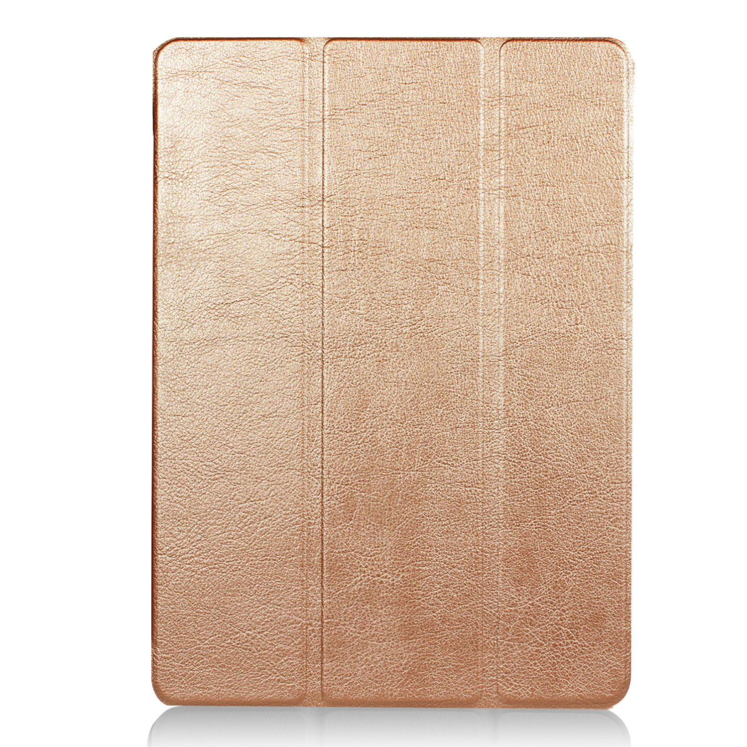 Eine geschlossene Tablet-Hülle mit lederartiger Textur, die Licht reflektiert.