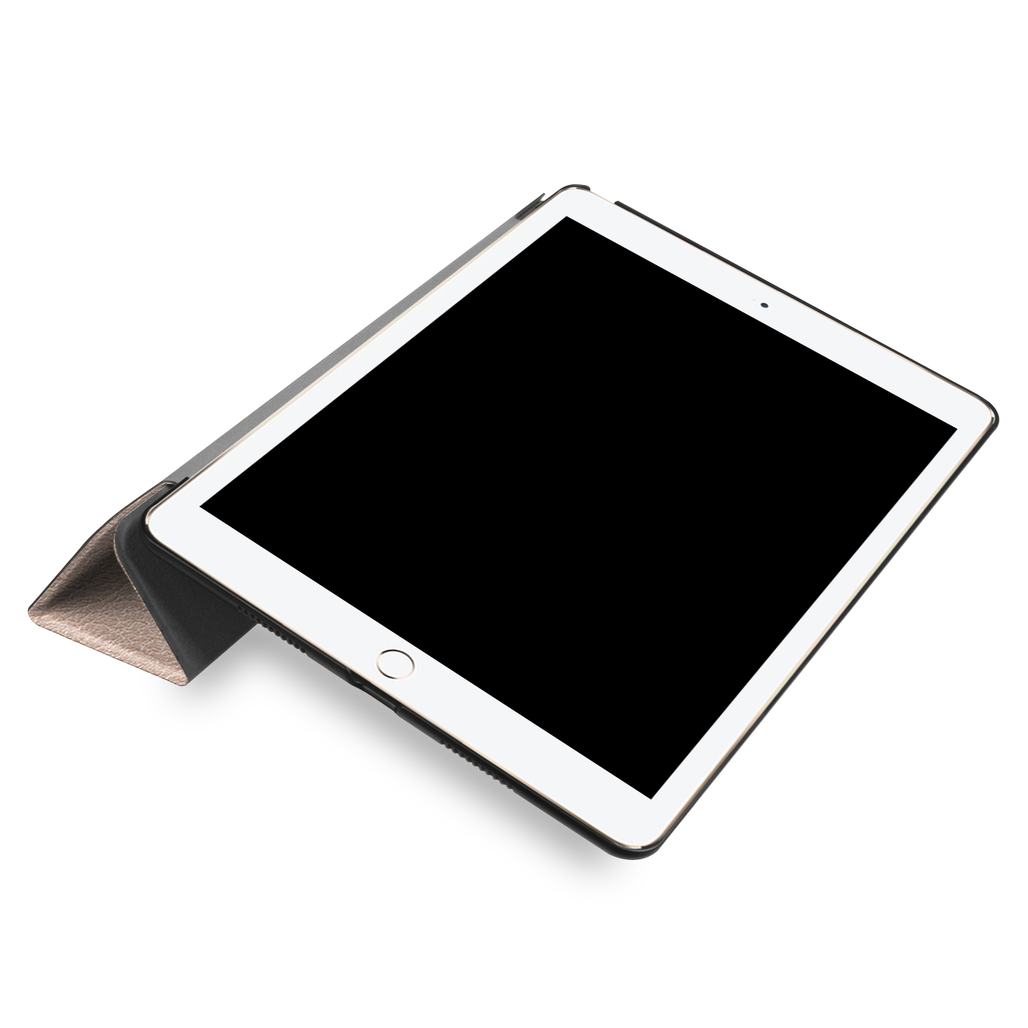 Ein Tablet in einer schwarzen Hülle, geöffnet mit leerem Bildschirm, auf weißem Hintergrund.