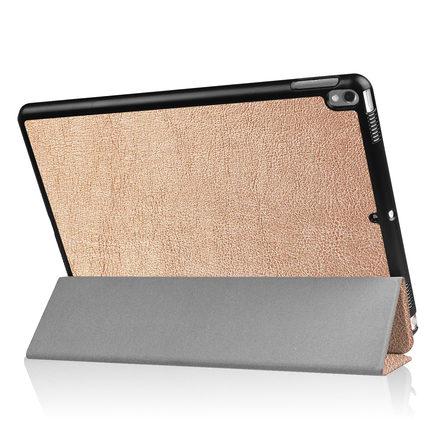 Tablet in einem Etui, offen. Hellbraune Abdeckung, schwarzer Rand. Graue Basis.