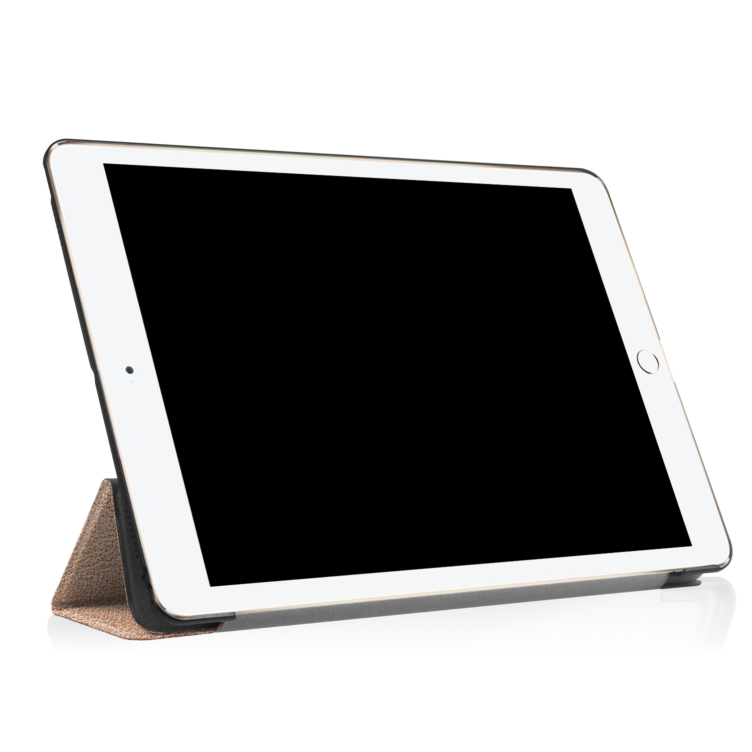 Tablet in einer Hülle, angewinkelt, um den schwarzen Bildschirm zu zeigen. Hülle offen, aufgestellt.