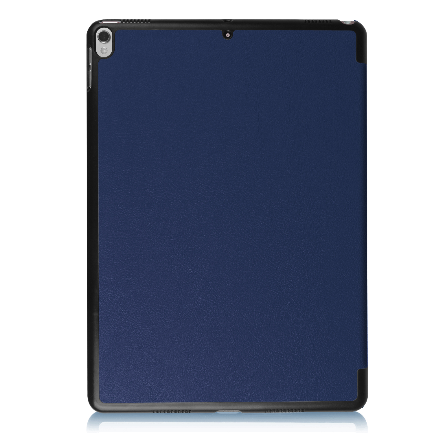 Tablet mit dunkelblauem Leder und schwarzem Rahmen.