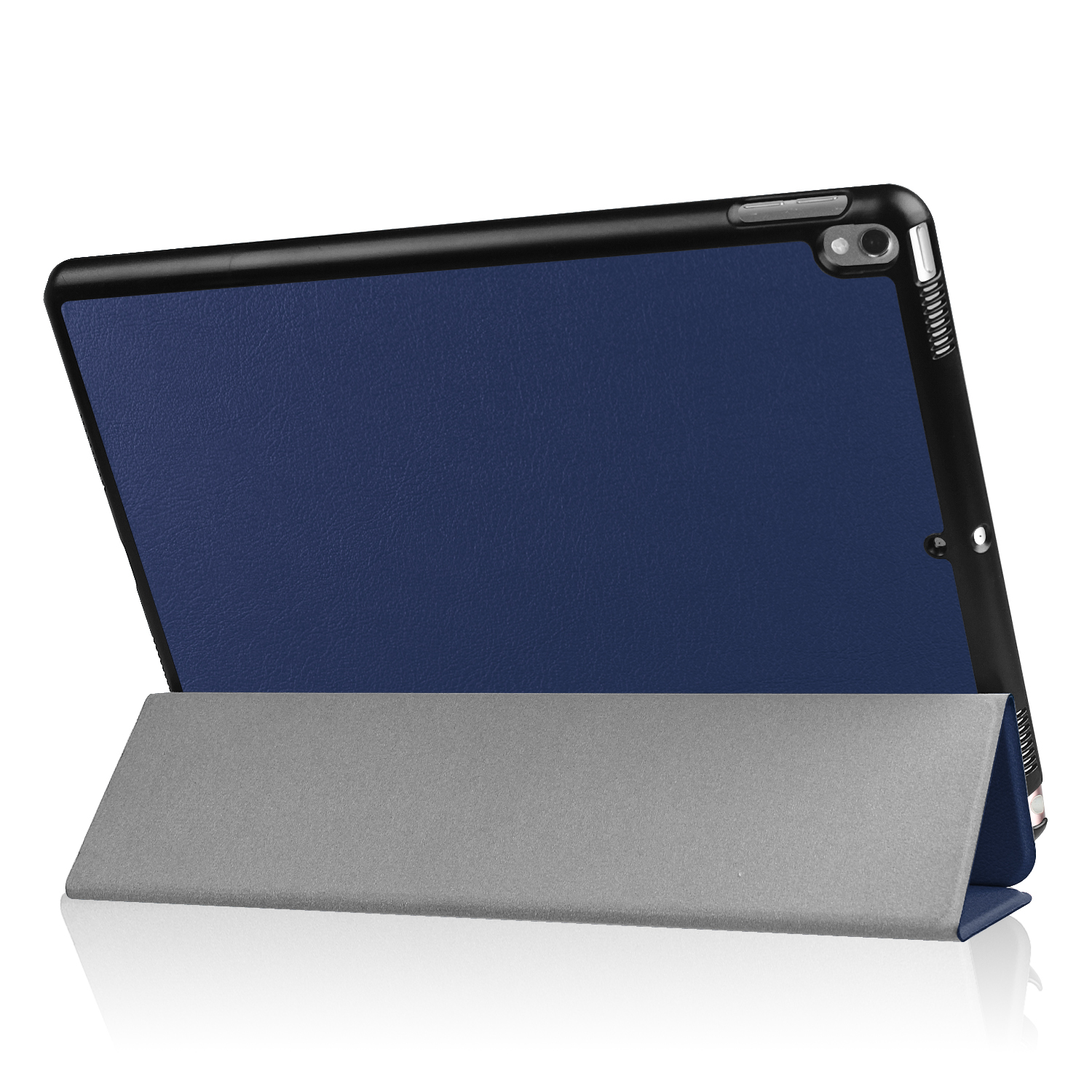 Tablet in einem Gehäuse, das einen blauen Bildschirm zeigt. Das Gehäuse ist schwarz und hat einen grauen Ständer.