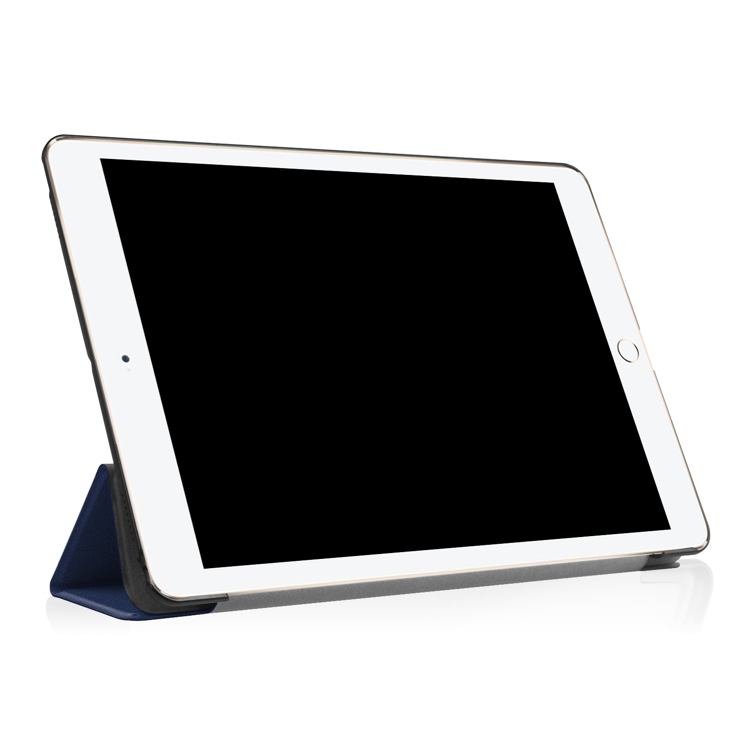Tablet in einem Gehäuse aufgestellt. Der Bildschirm ist schwarz. Das Gehäuse ist marineblau.