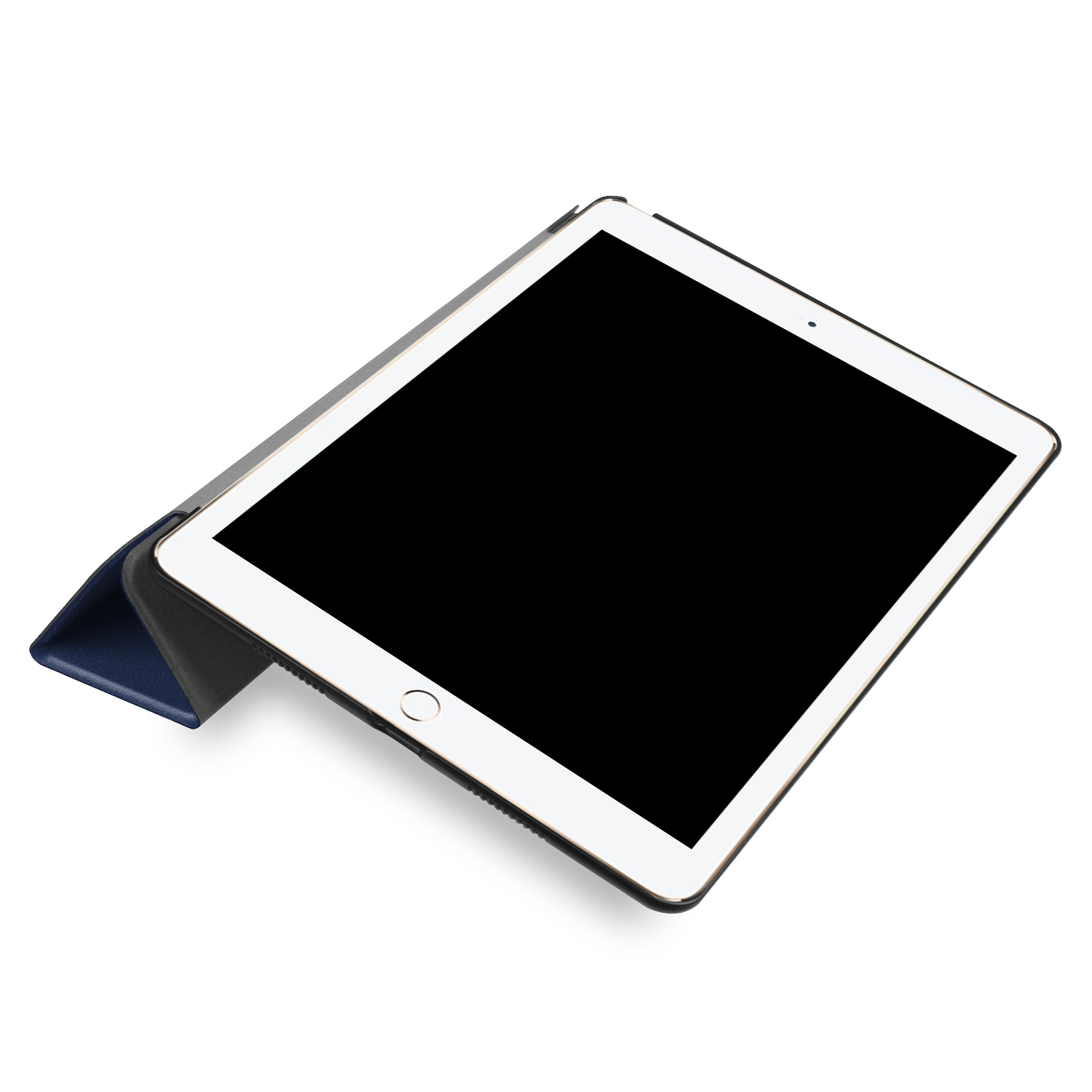 Tablet in dunkelblauer und schwarzer Hülle, offen. Weißer Hintergrund.