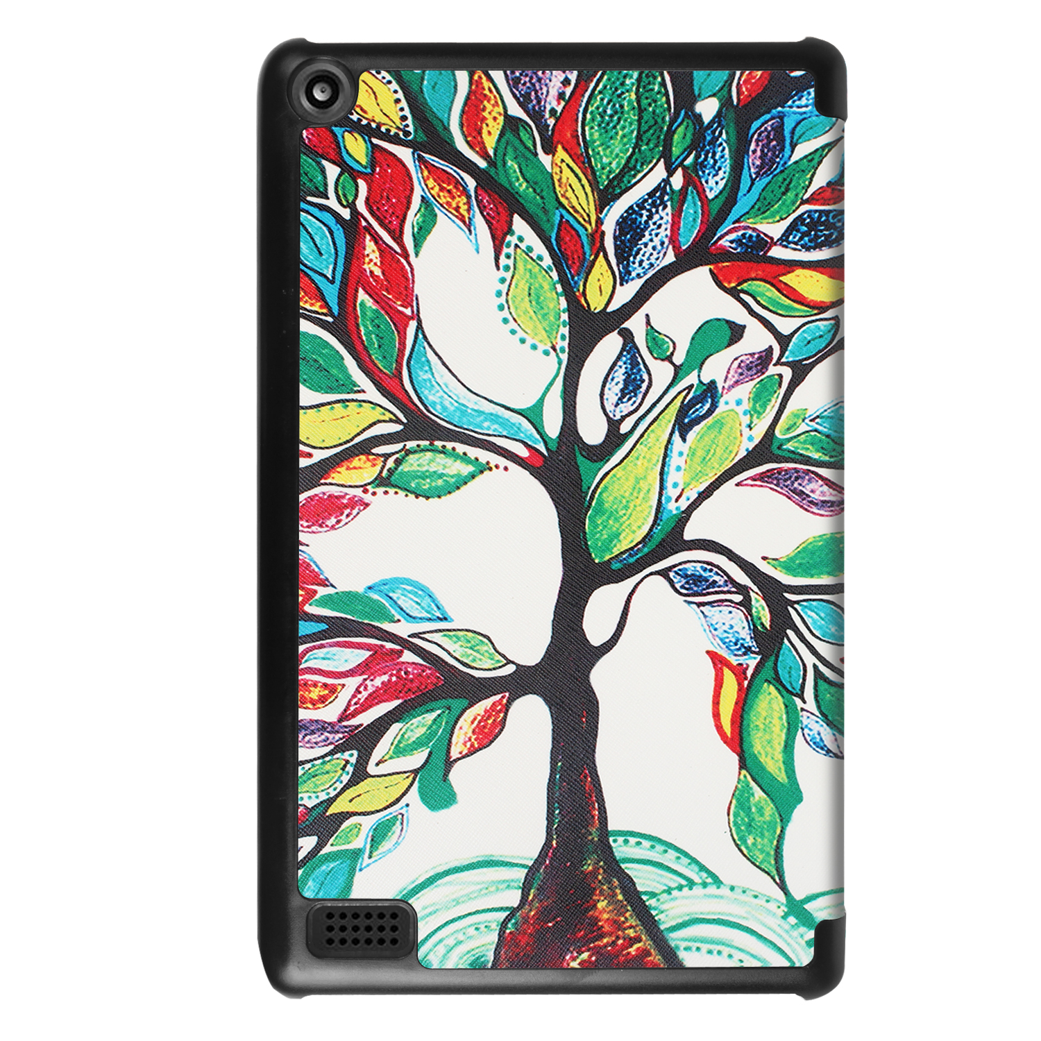 Eine Tablethülle mit bunten Baumdesign. Der Baum hat Blätter in vielen Farben. Schwarzer Gehäuserand.