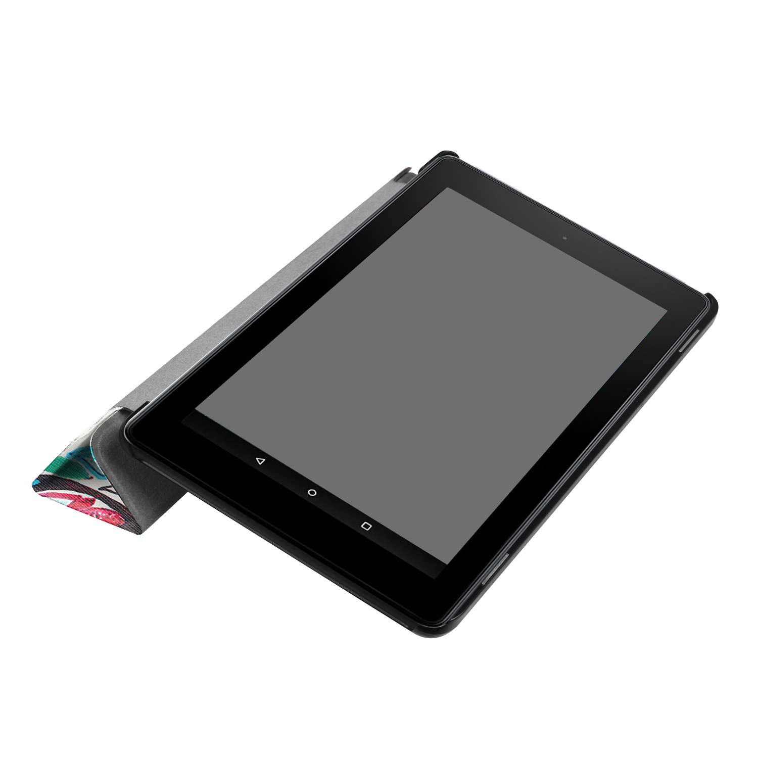 Ein Tablet in einer Hülle. Die Hülle hat ein Blumendesign auf der Rückseite.