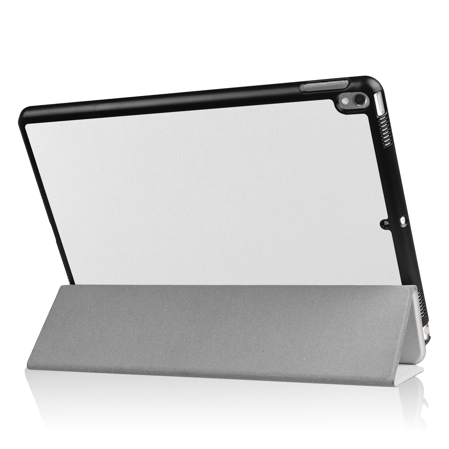 Tablet in schwarzer Hülle, weißer Bildschirm, unterstützt von einem grauen Ständer.