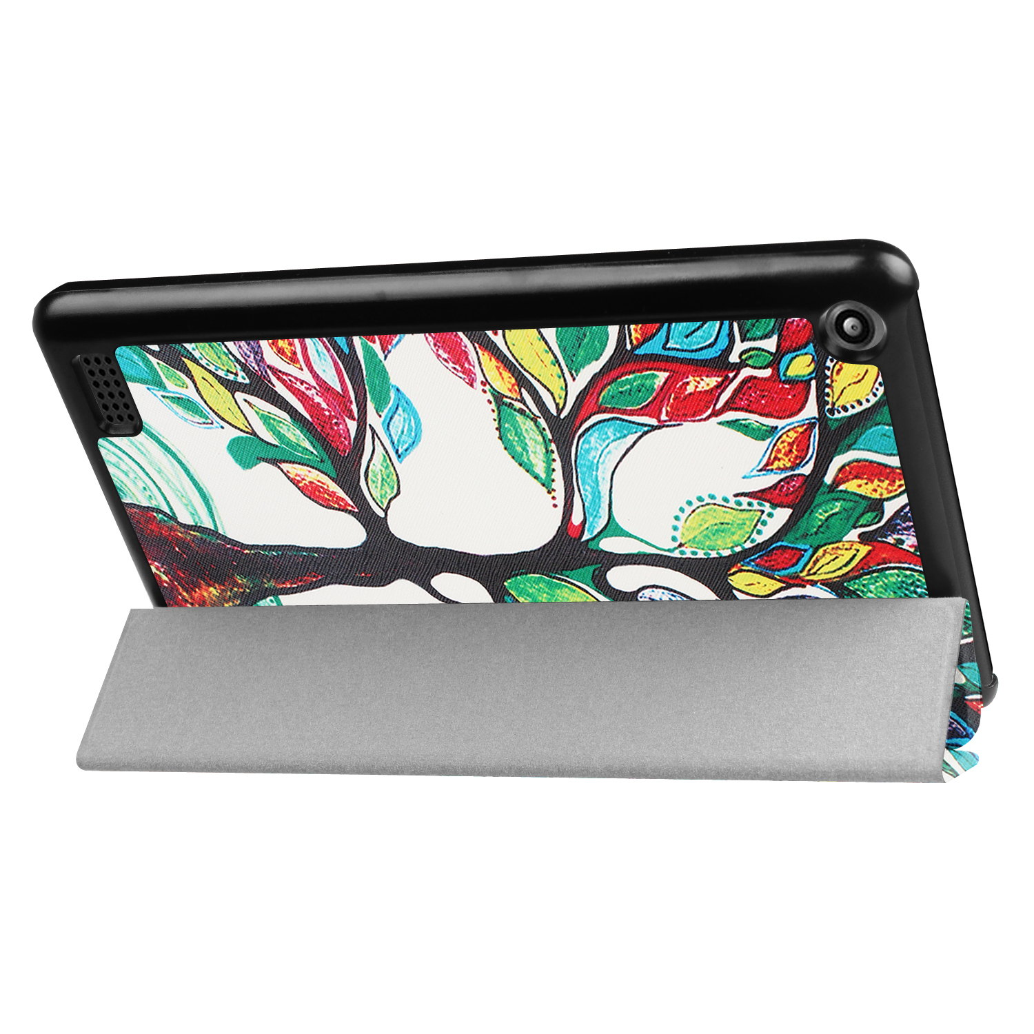 Tablet mit Hülle, zeigt ein farbenfrohes Baumdesign, auf weißem Hintergrund.