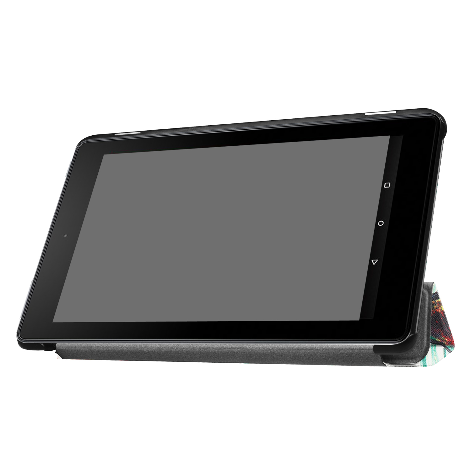 Tablet mit schwarzem Bildschirm und grauer Hülle.