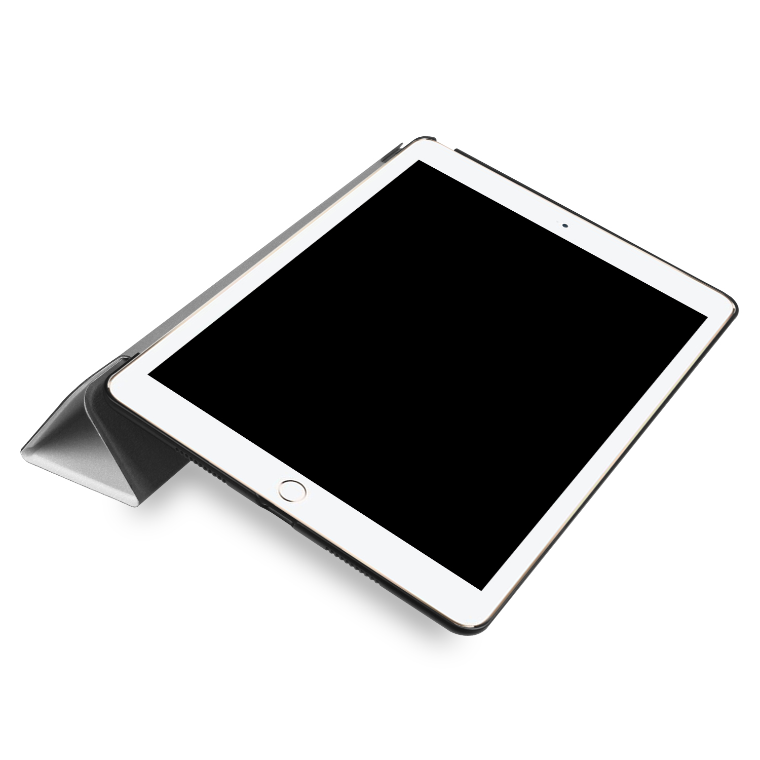 Ein Tablet mit schwarzem Bildschirm, in einer schwarz-silbernen Hülle, auf einer weißen Oberfläche.