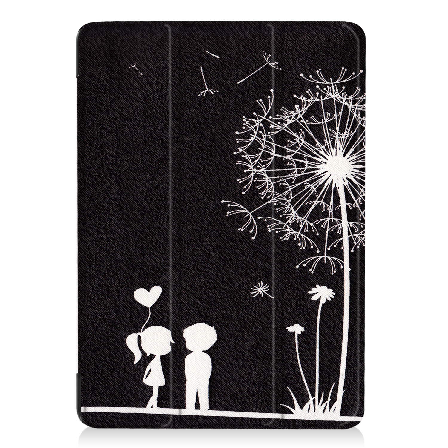 Schwarze Tablet-Hülle mit einer Pusteblumen-Illustration. Der Hintergrund ist weiß.