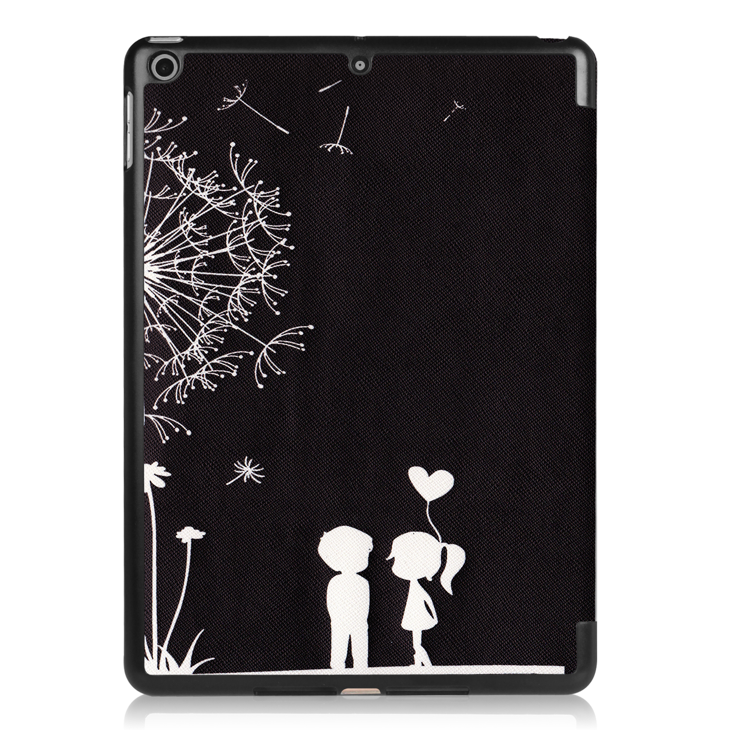 Schwarze Tablet-Hülle mit Pusteblume und Figuren. Weißes Design auf schwarzem Hintergrund.