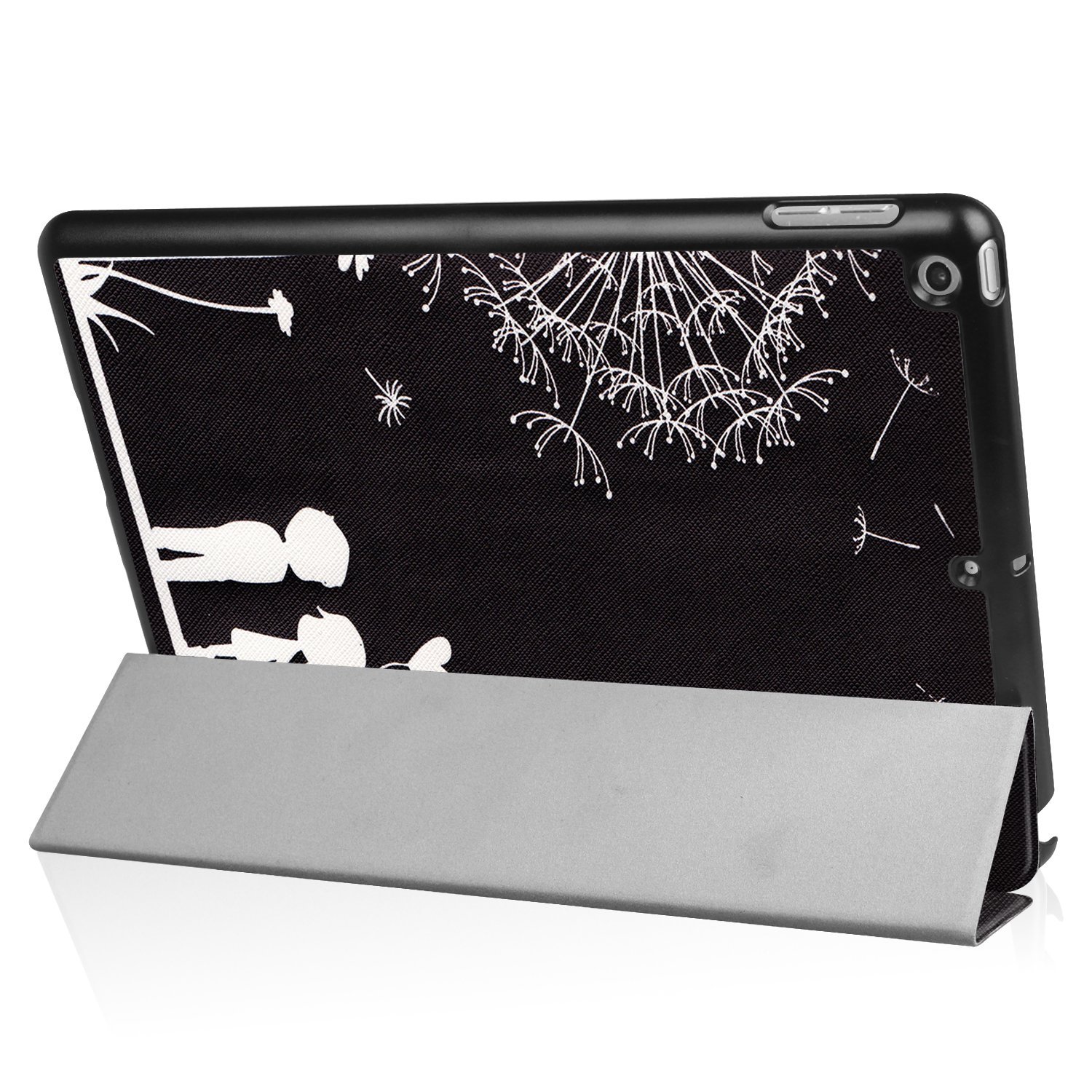 Schwarze Tablethülle mit einem Pusteblumen-Design, offen stehend auf einem silbernen Ständer.