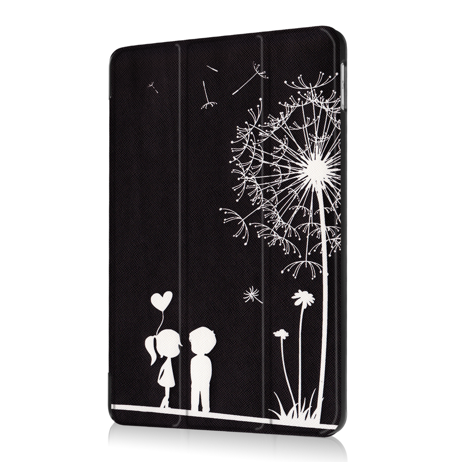 Tablet-Hülle mit einem Schwarz-Weiß-Design einer Pusteblume und Silhouetten eines verliebten Paares.