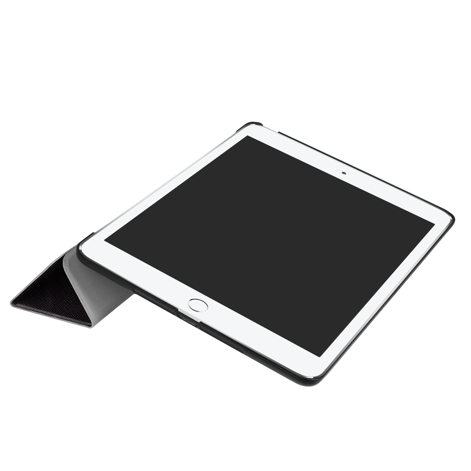 Tablet in einer Hülle, aufgeklappt. Der Bildschirm ist schwarz, und die Hülle ist grau.