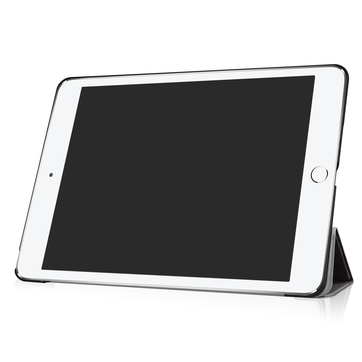 Ein Tablet mit schwarzem Bildschirm in einem Case aufgestellt.