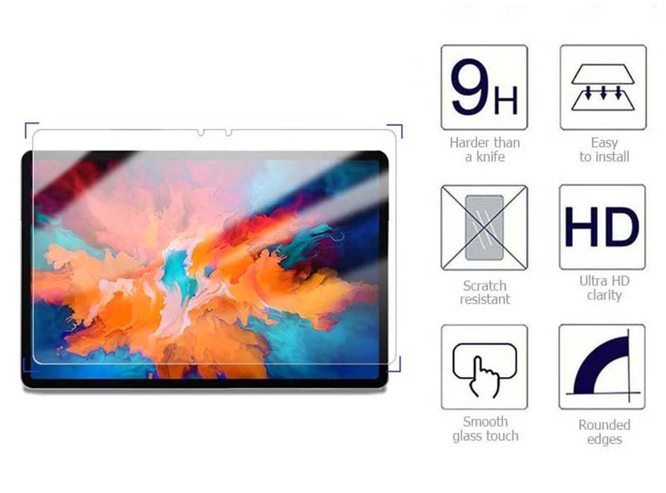 Ein Tablet mit Displayschutz und Symbolen, die Funktionen wie Kratzfestigkeit zeigen.