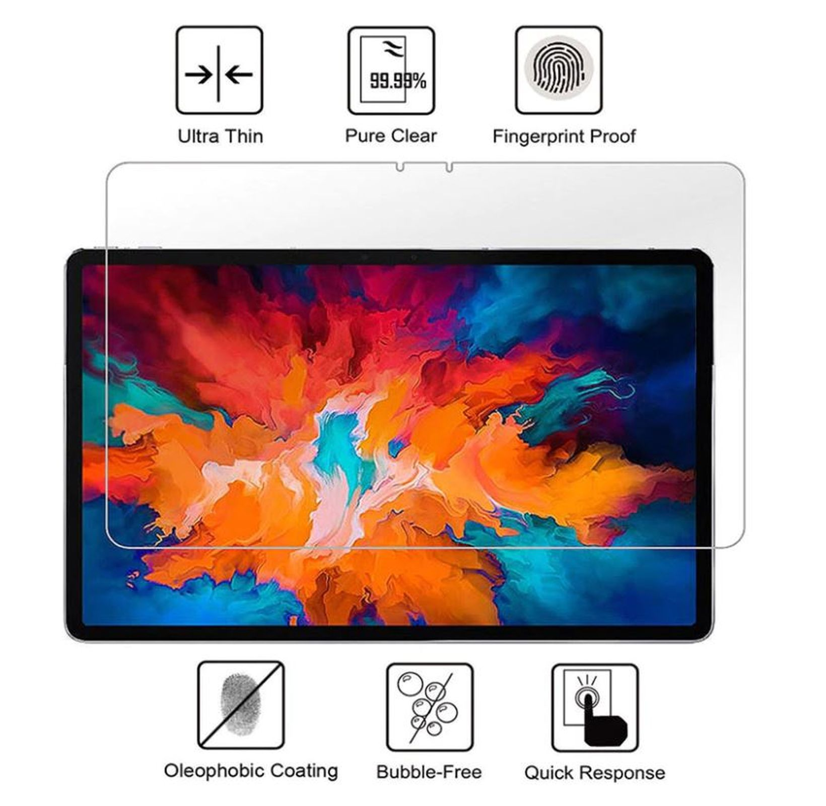 Tablet mit klarer Displayschutzfolie und Icons für Funktionen: ultradünn, klar und oleophob.