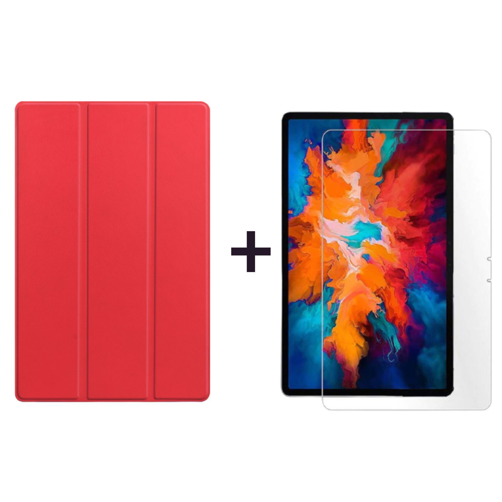 Rote Tablet-Hülle geschlossen neben einem Tablet mit angebrachter Displayschutzfolie und einem Pluszeichen.