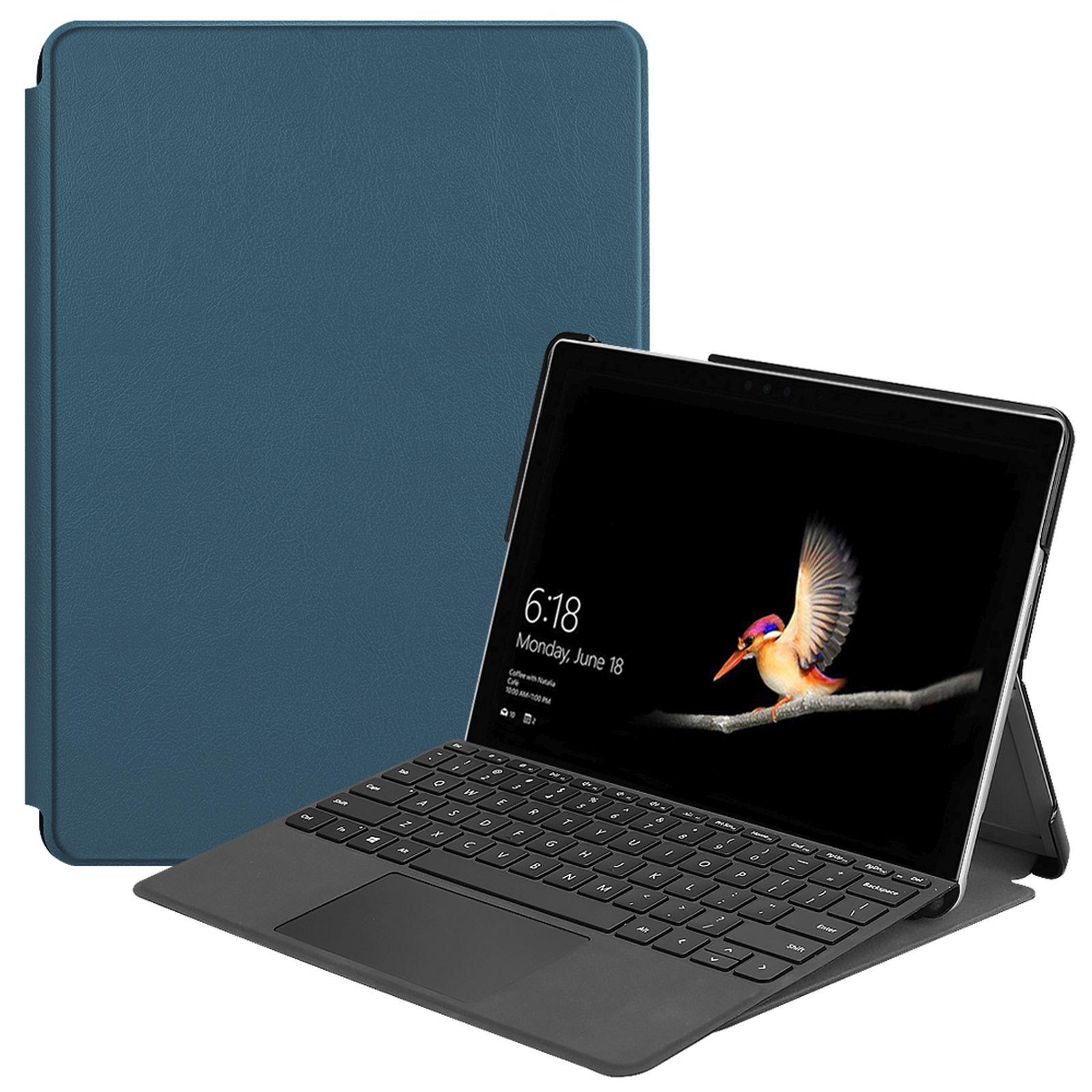 Blaue Tablethülle und Laptop. Laptop-Bildschirm zeigt Zeit und Vogel.