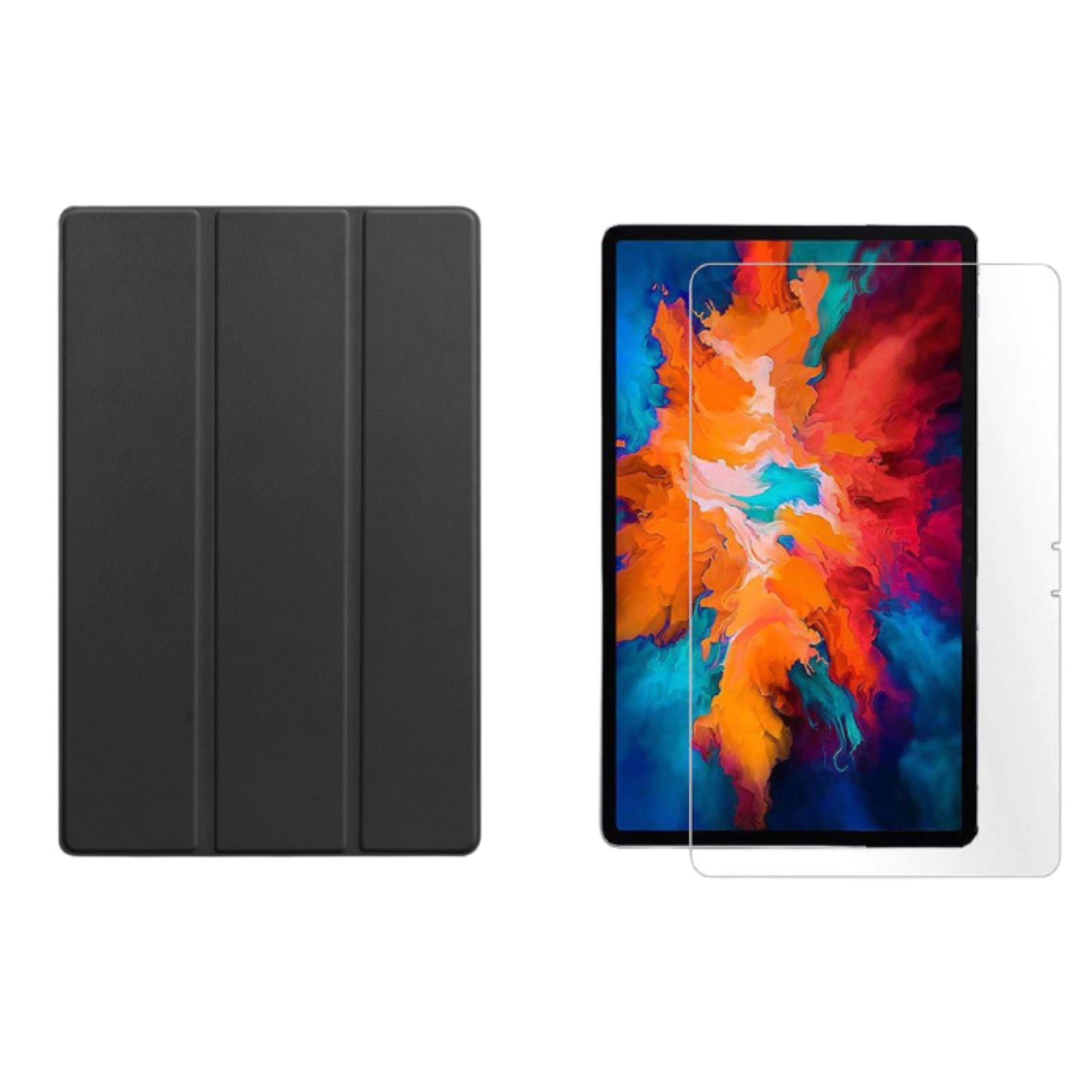 Schwarze Tablethülle und Displayschutz. Das Tablet zeigt einen bunten Hintergrund.