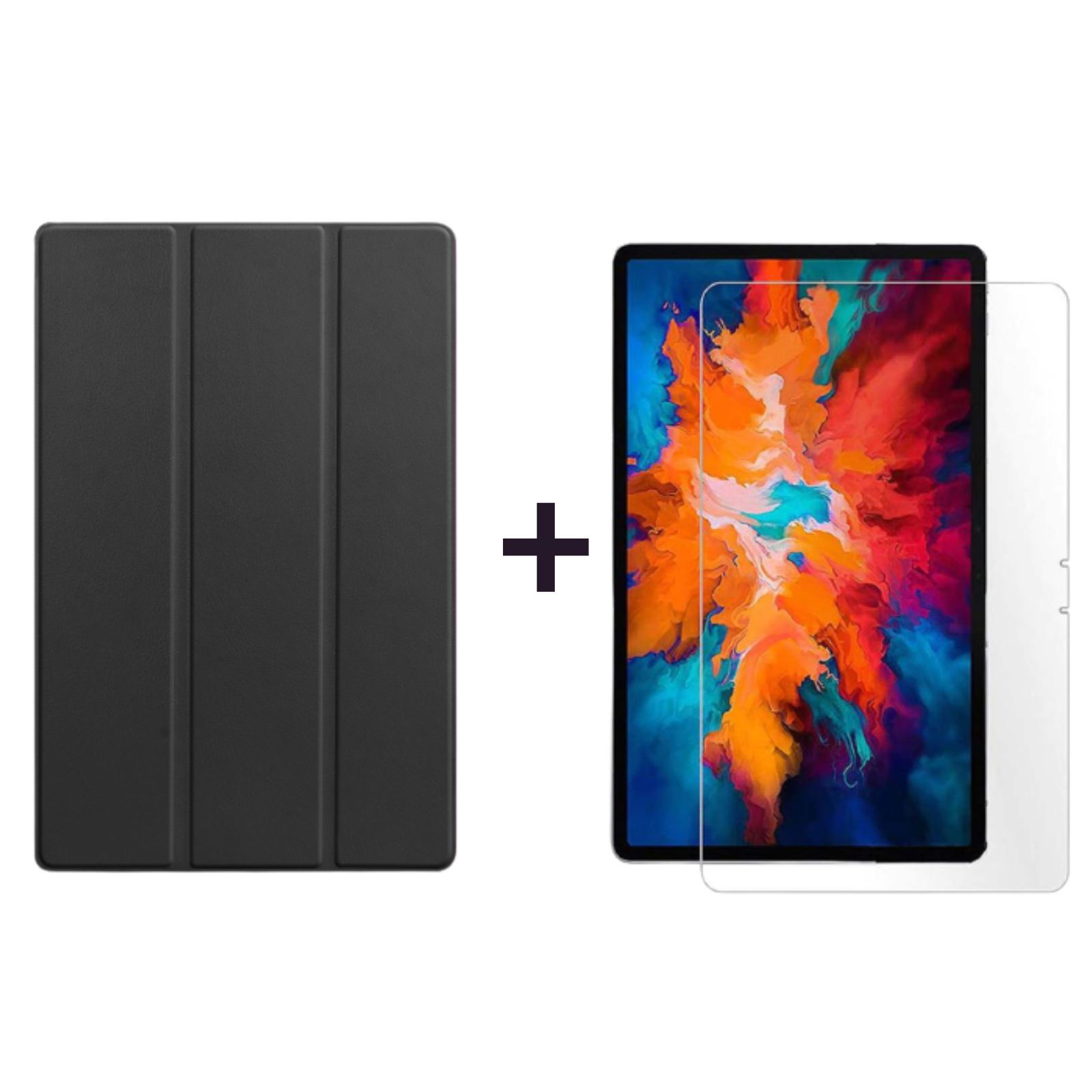 Schwarze Tablet-Hülle mit Tablet und Displayschutz. Der Tablet-Bildschirm ist farbenfroh.
