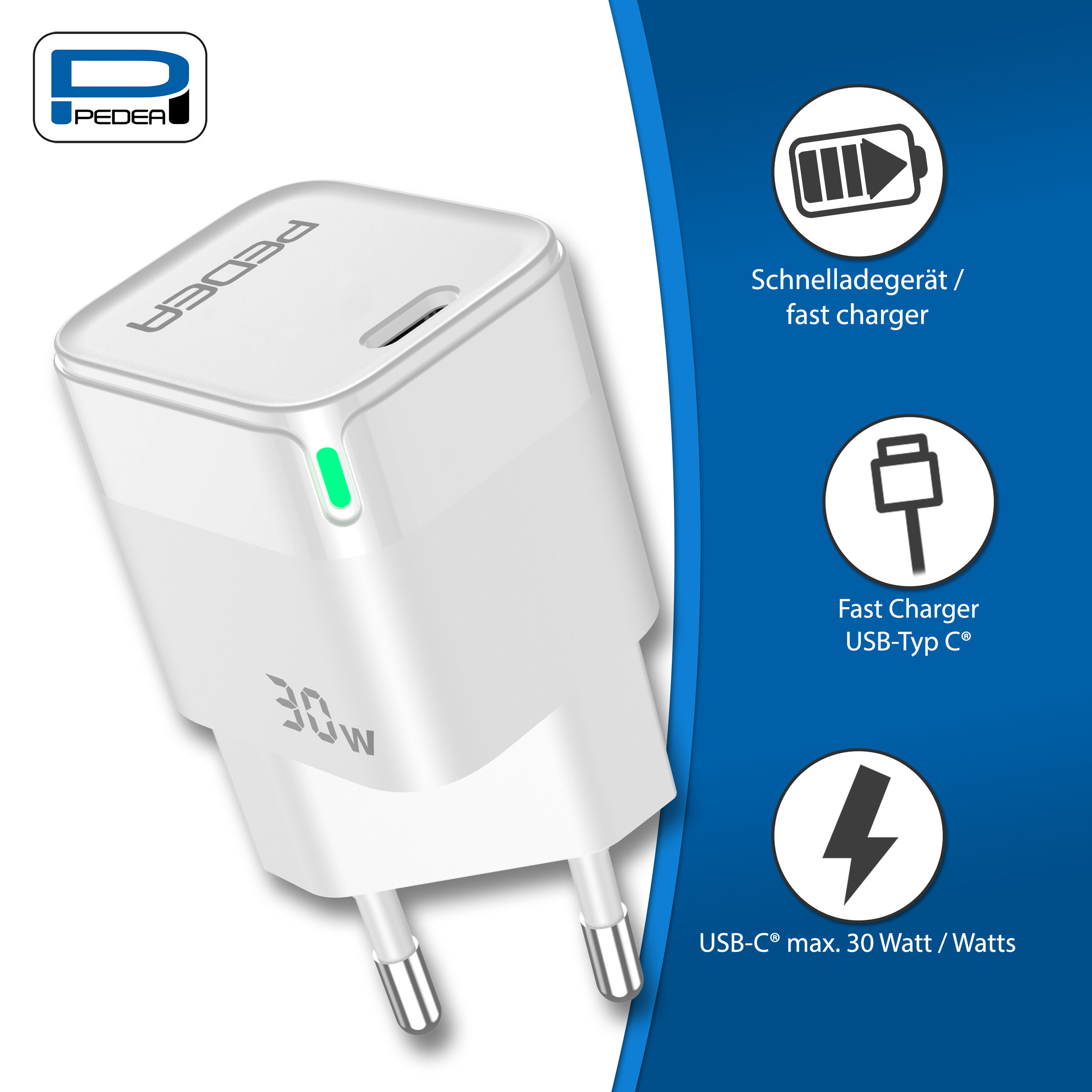 Weißes Ladegerät mit grüner LED und 30 W Ausgangsleistung. Text zeigt Schnellladefunktion.