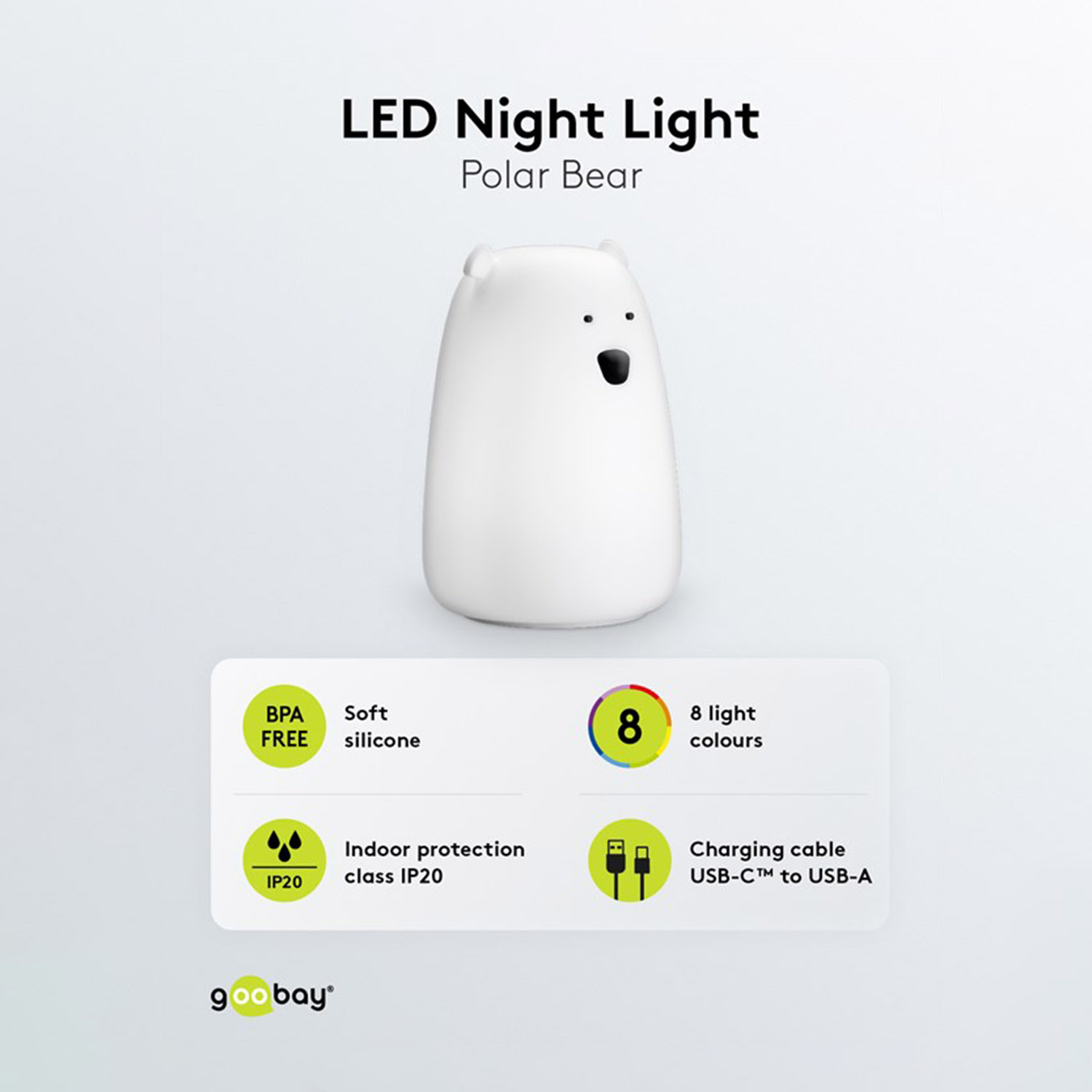Weißer Eisbär-Nachtlicht. Merkmale: weiches Silikon, 8 Lichtfarben und Ladekabel.