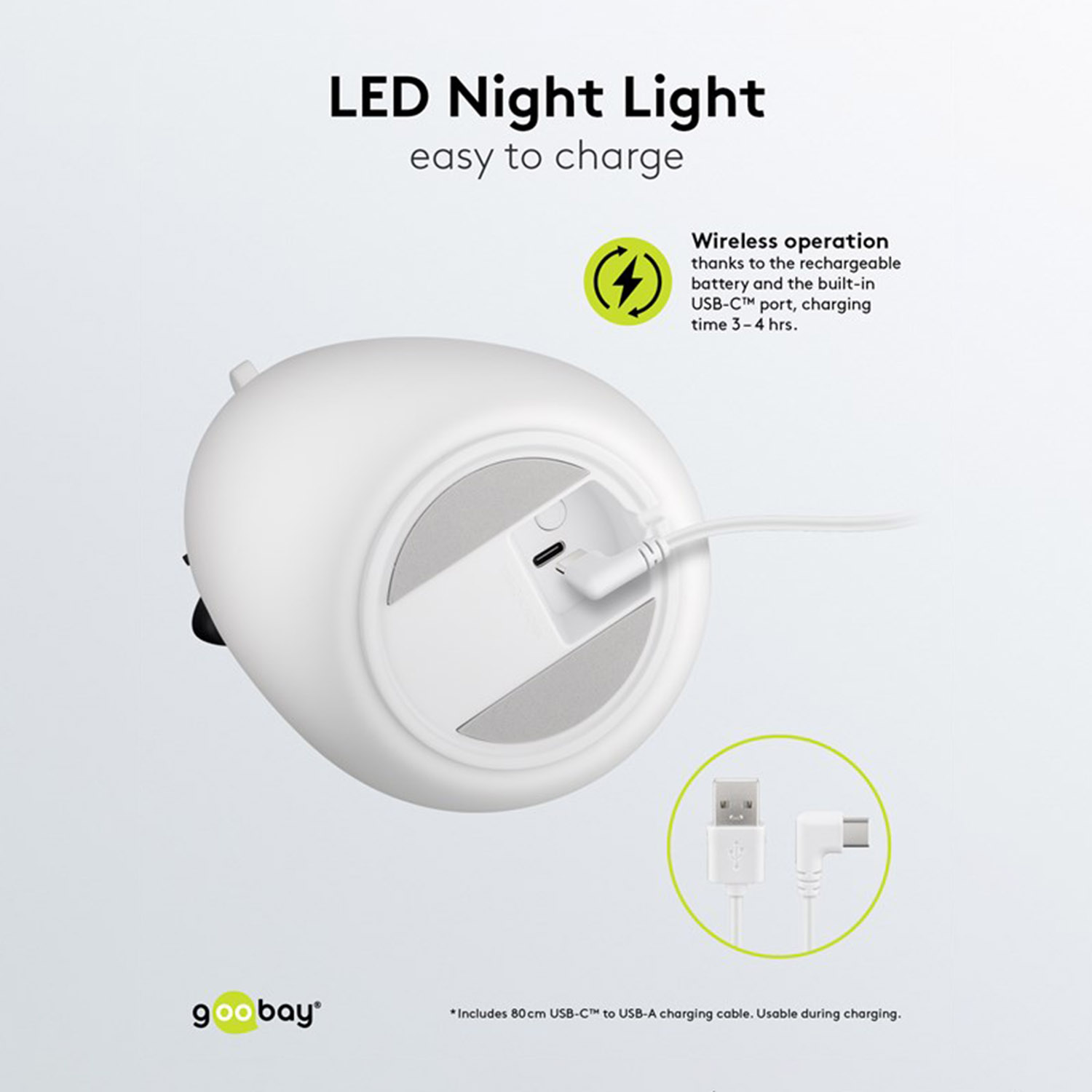 Ein weißes Nachtlicht in Bärenform mit einem USB-C-Ladekabel.