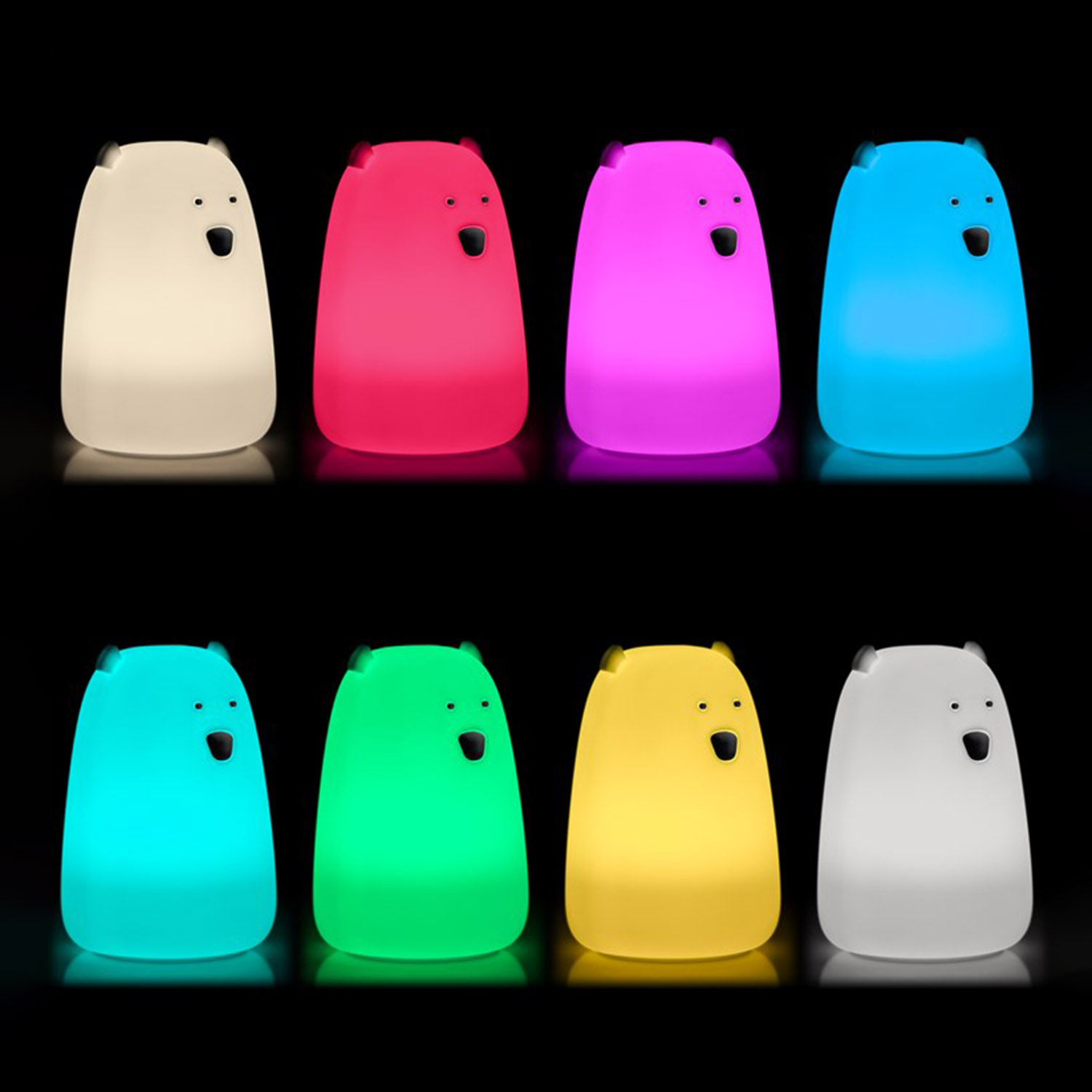 Acht bärenförmige Lampen in verschiedenen Farben: Weiß, Rosa, Lila, Blau, Cyan, Grün, Gelb, Weiß.