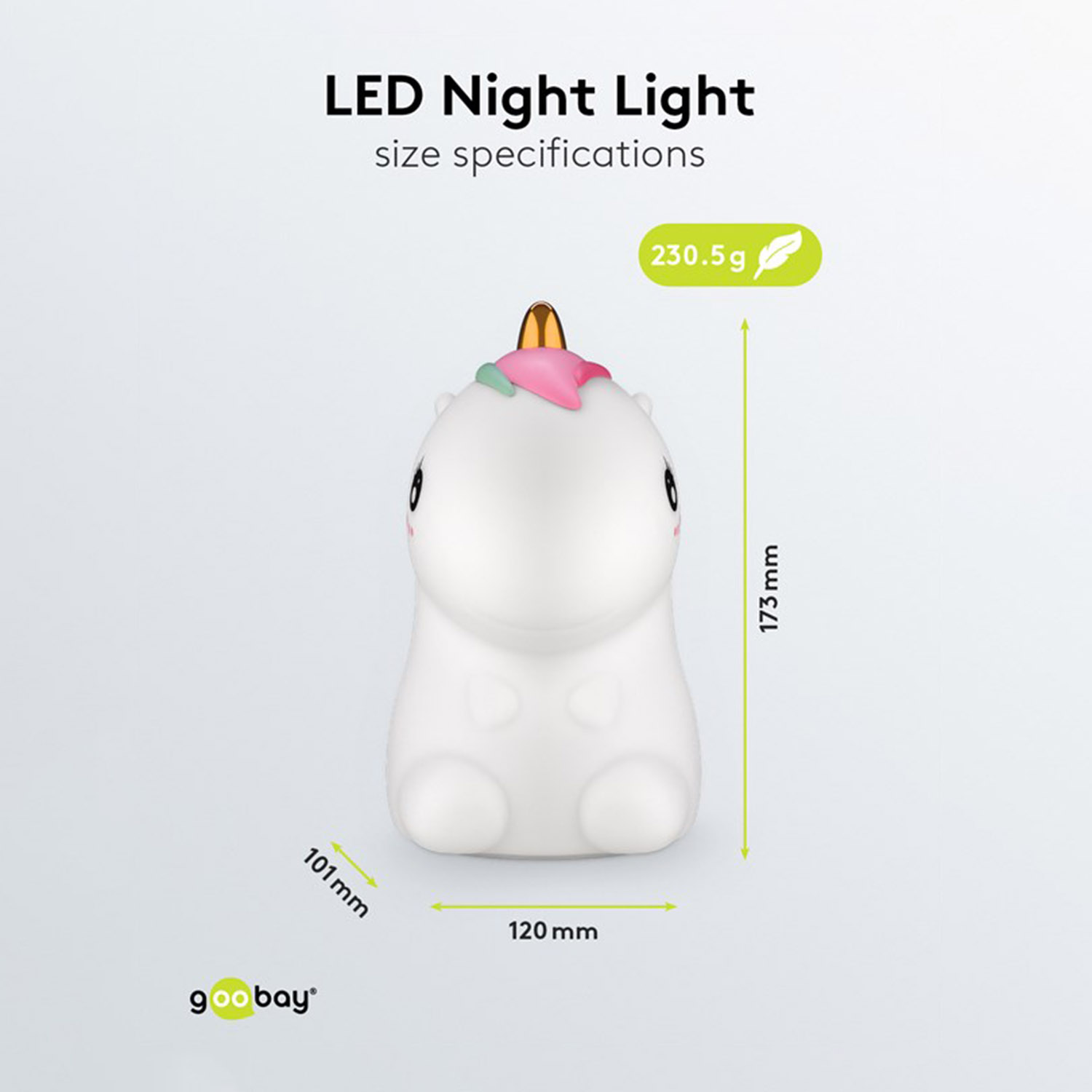 Weißes Einhorn-LED-Nachtlicht mit Maßen: 101mm, 173mm, 120mm, 230,5g Gewicht.