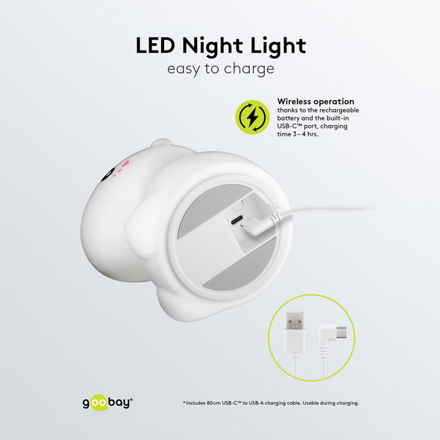 Ein weißes Nachtlicht in Form eines Zeichentricktiers, mit USB-Kabel.