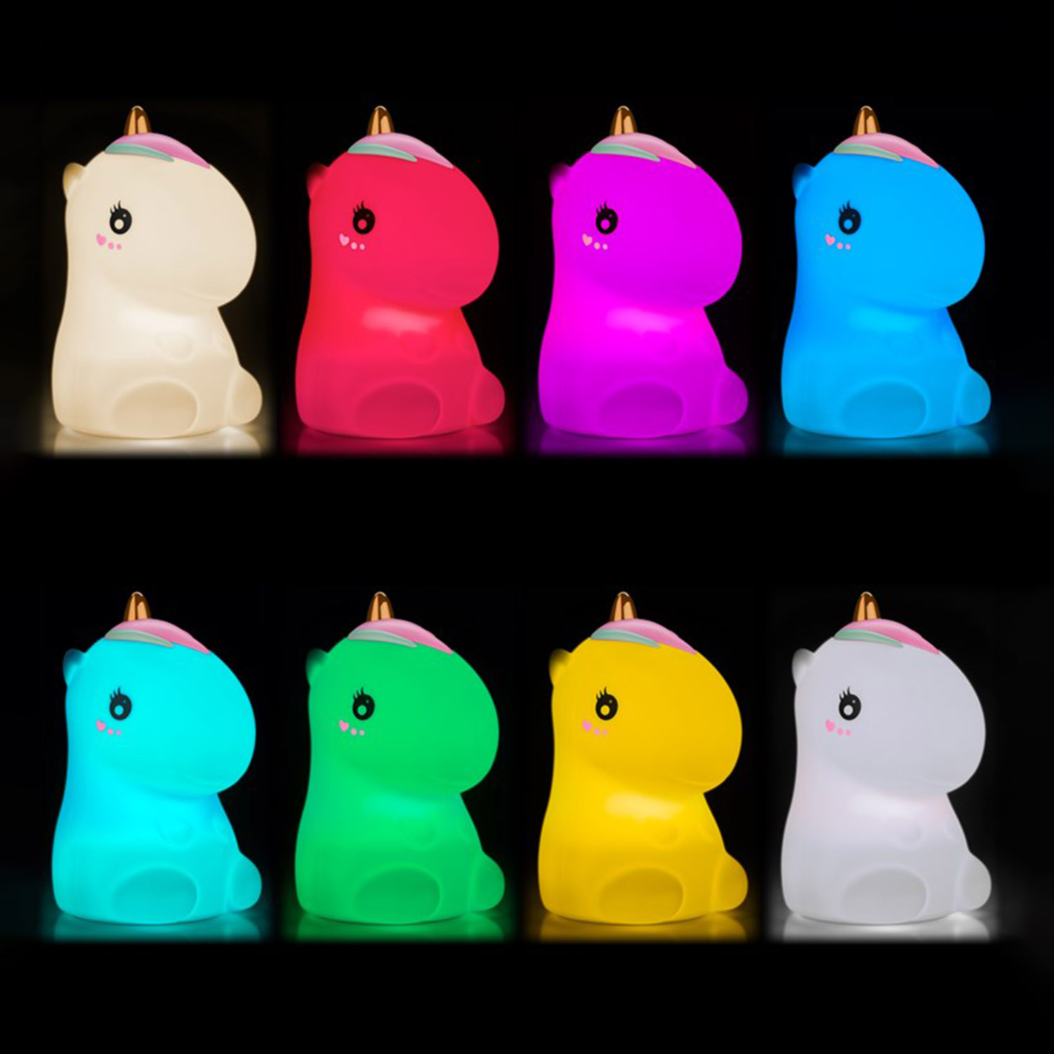 Acht Einhorn-förmige Lichter mit wechselnden Farben. Schwarzer Hintergrund.