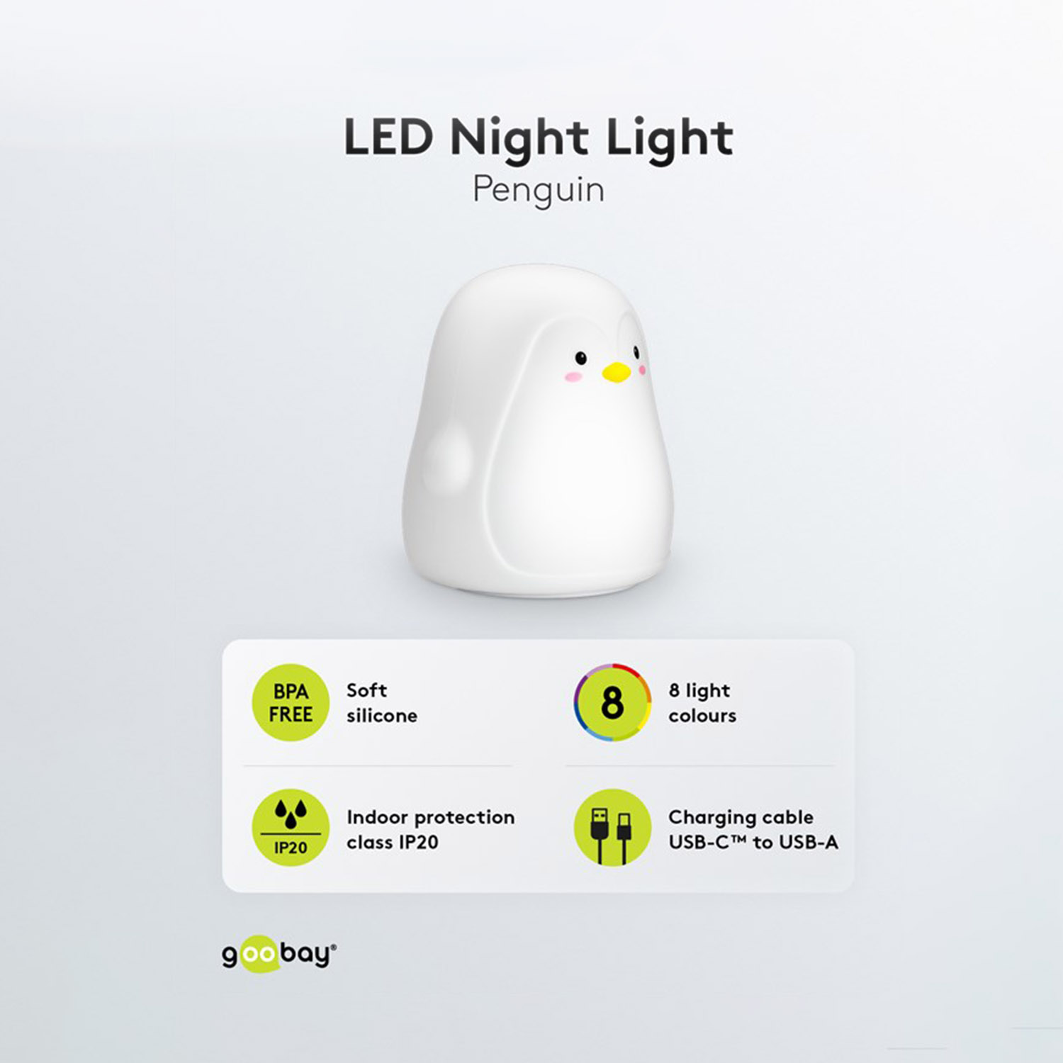 Weißes Pinguin-Nachtlicht mit Produktdetails.