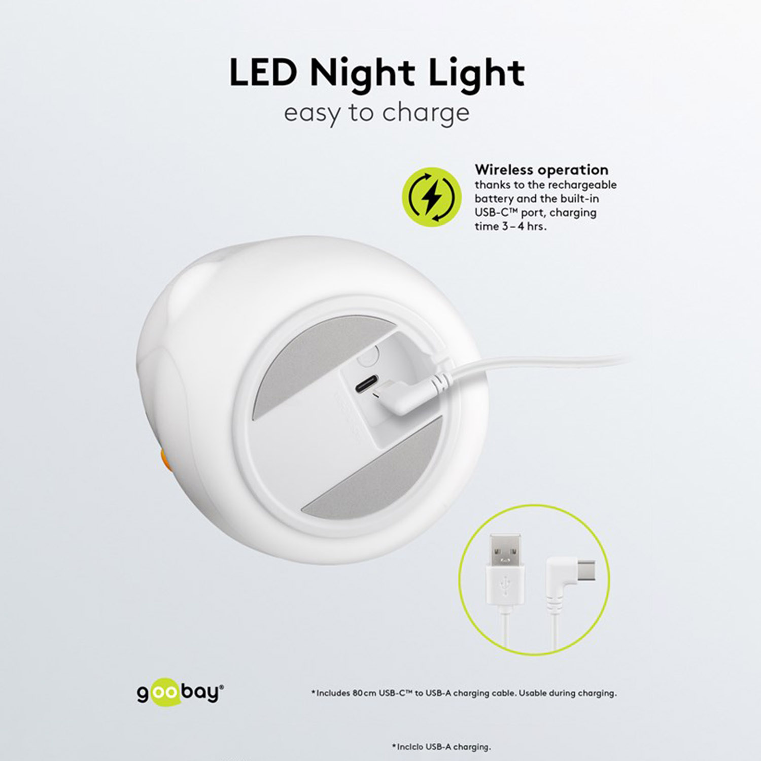 Weißes LED-Nachtlicht. Ein USB-C-Ladeanschluss wird gezeigt. Inklusive USB-C-zu-USB-A-Kabel.