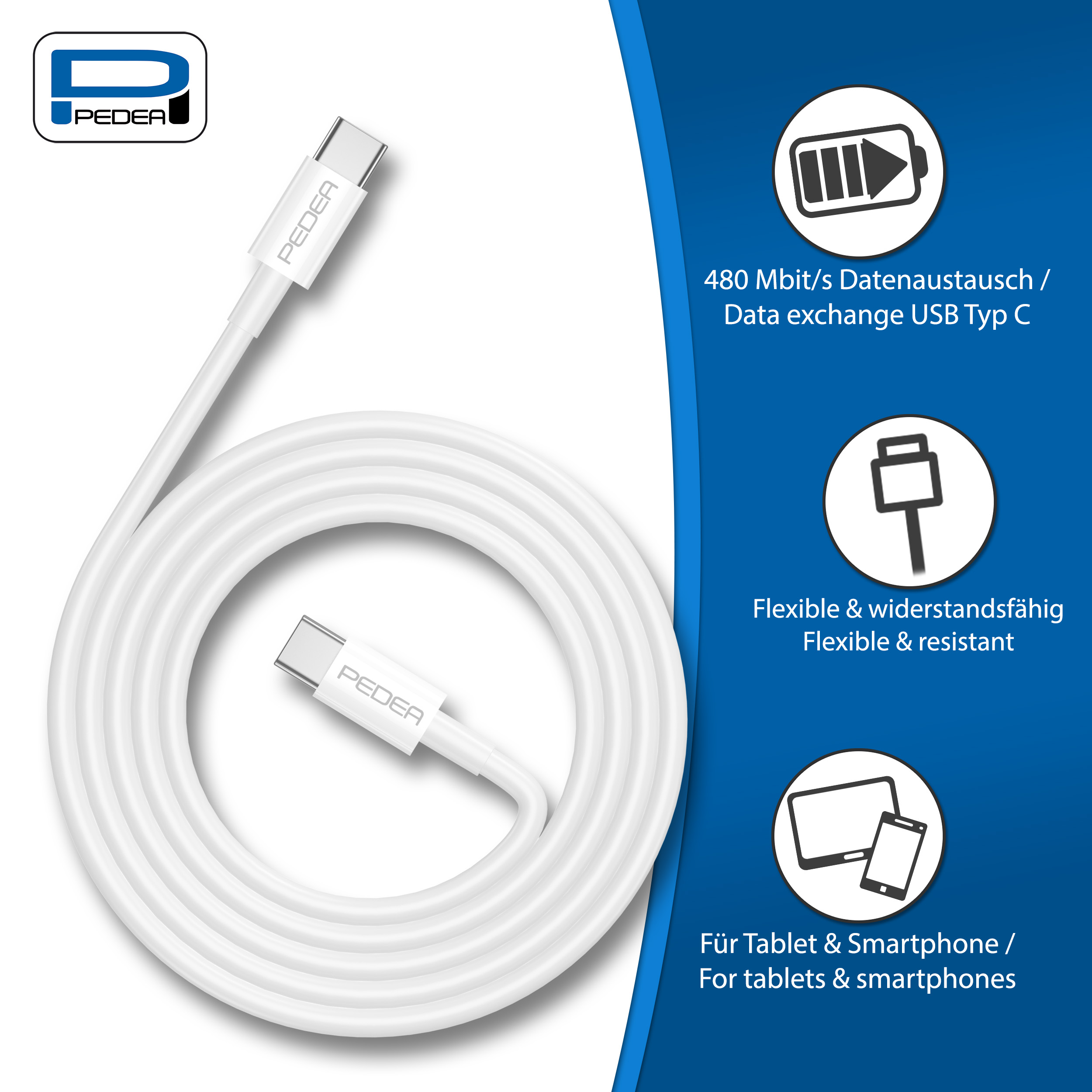 PEDEA USB-C/USB-C 1 und Daten-/Ladekabel Länge, Meter Übertragungsrate Daten- 480 Weiß Mbit/s Schnellladekabel