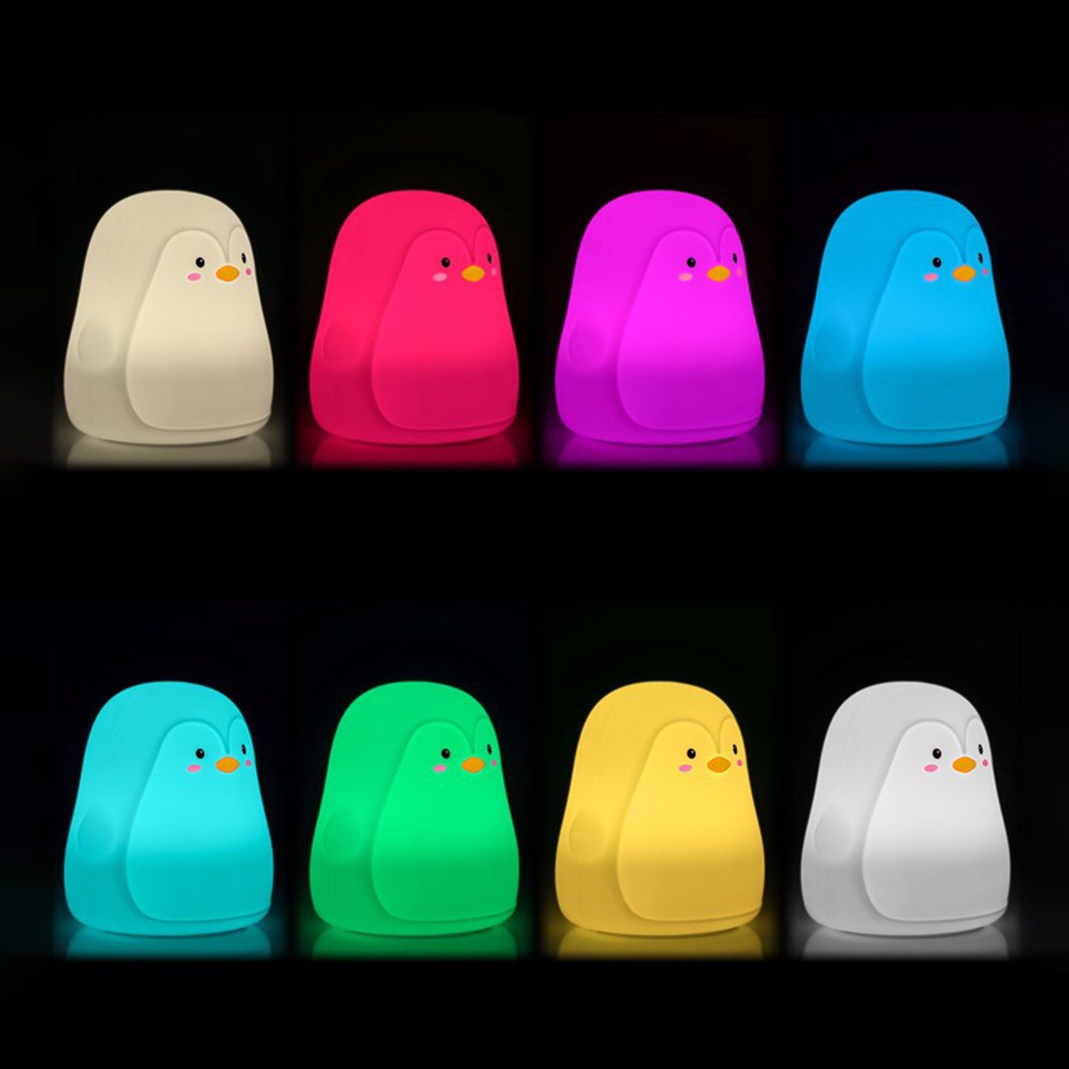 Acht pinguinförmige Lampen in verschiedenen Farben: Weiß, Rot, Lila, Blau, Cyan, Grün, Gelb und Grau.