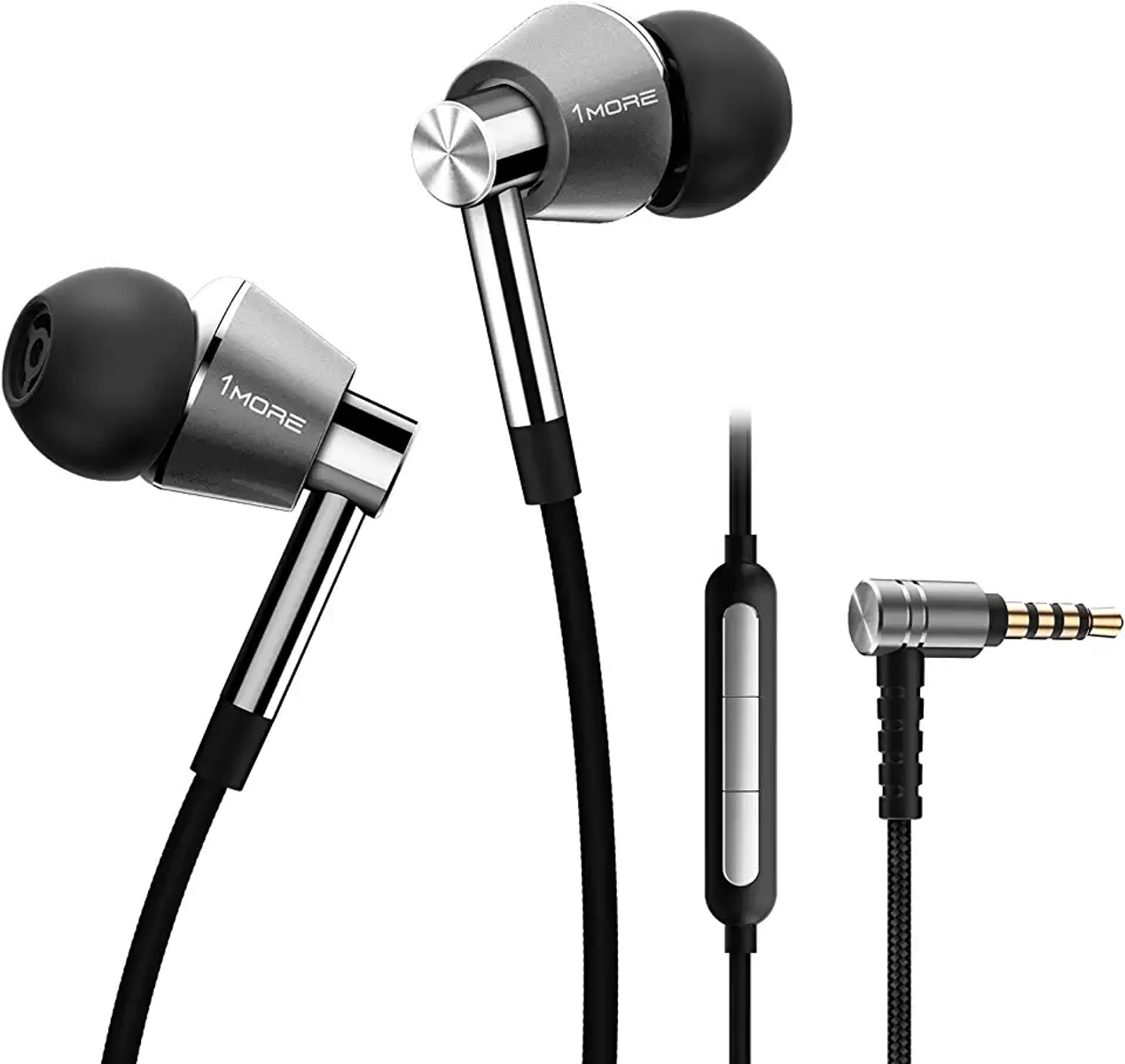 Auricolari in-ear argento e neri con microfono e jack da 3,5 mm. Marchio 1MORE visibile.