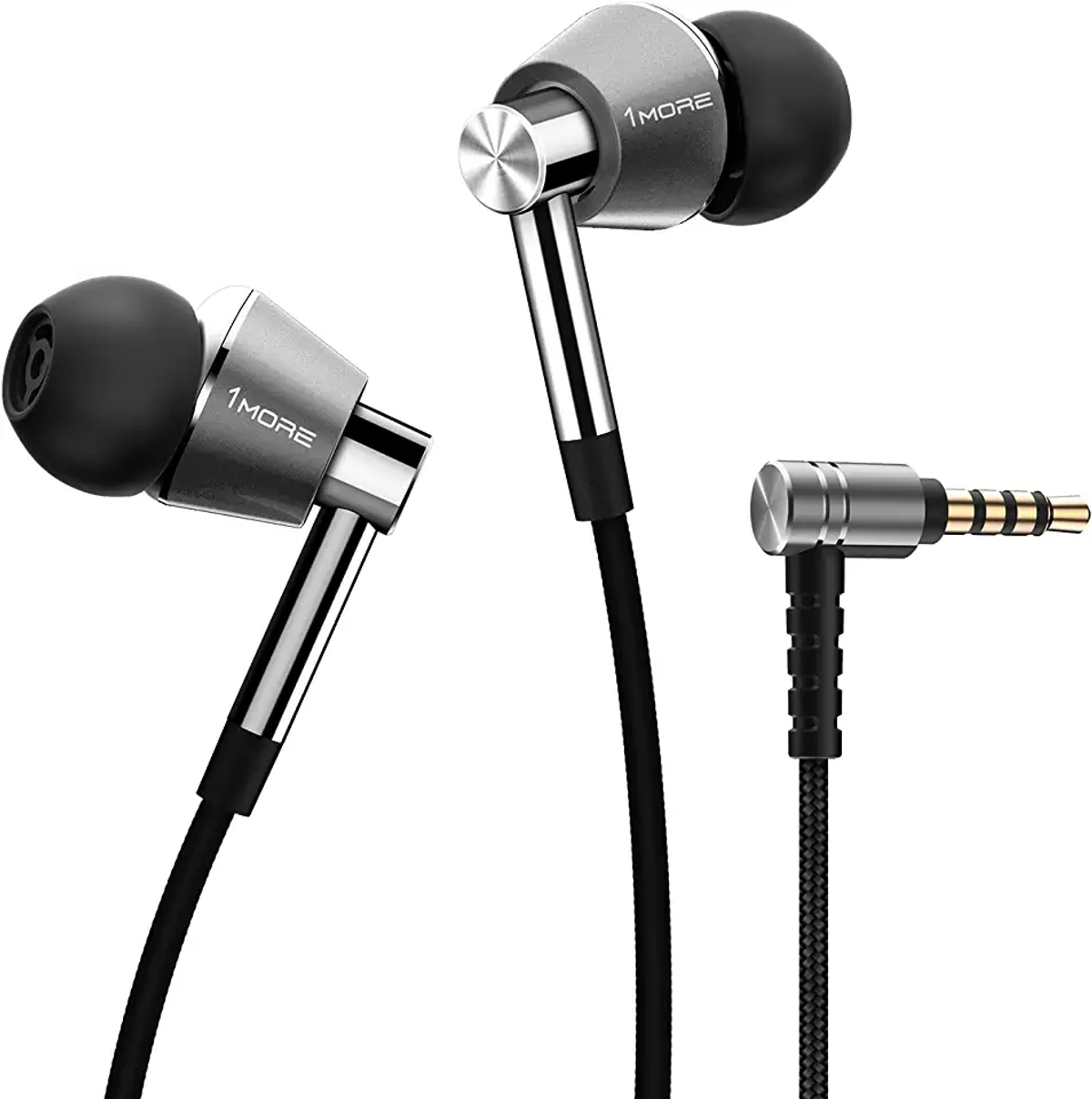 Auricolari argento e neri con il marchio '1MORE' e un connettore.