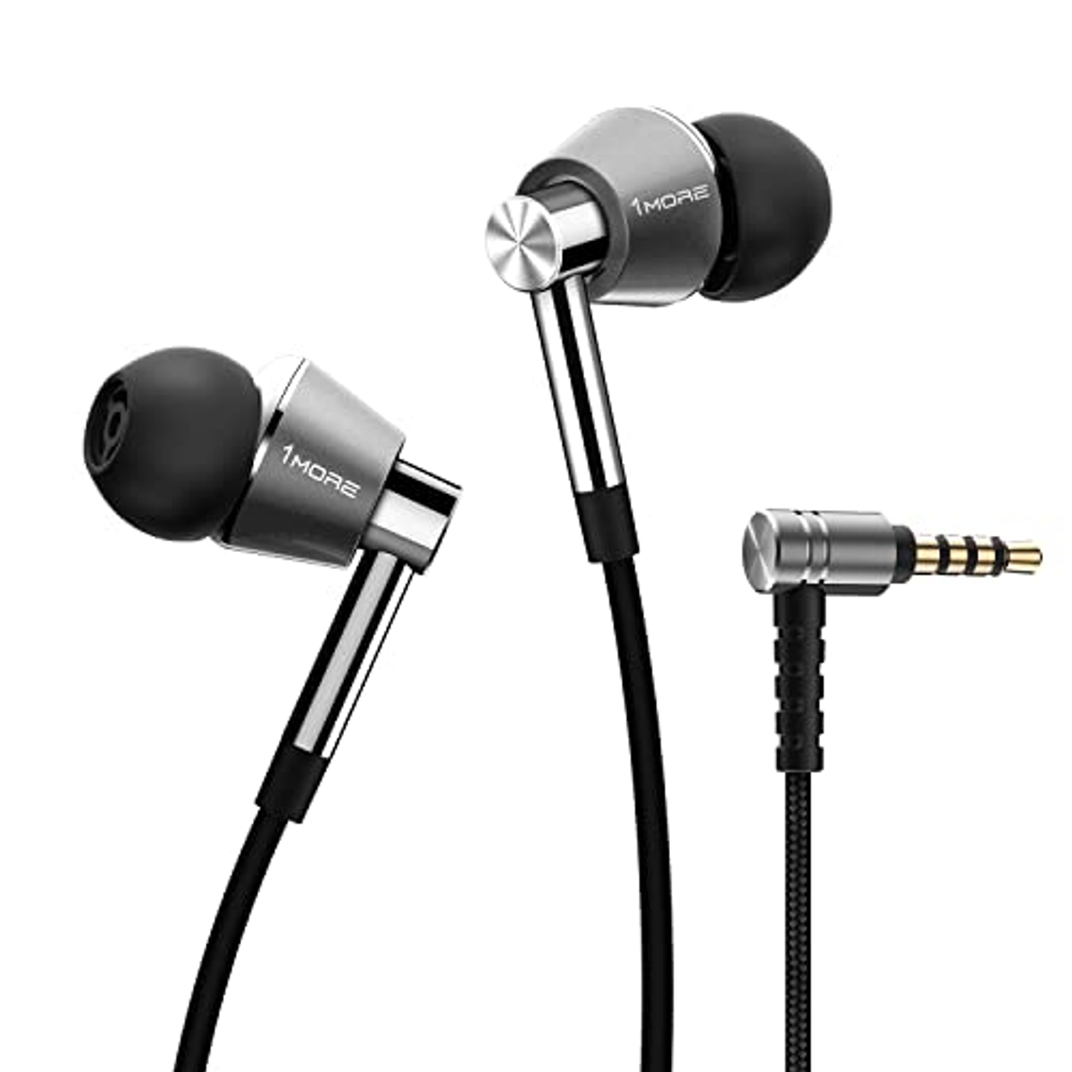 Auricolari argento e neri con marchio e connettore.