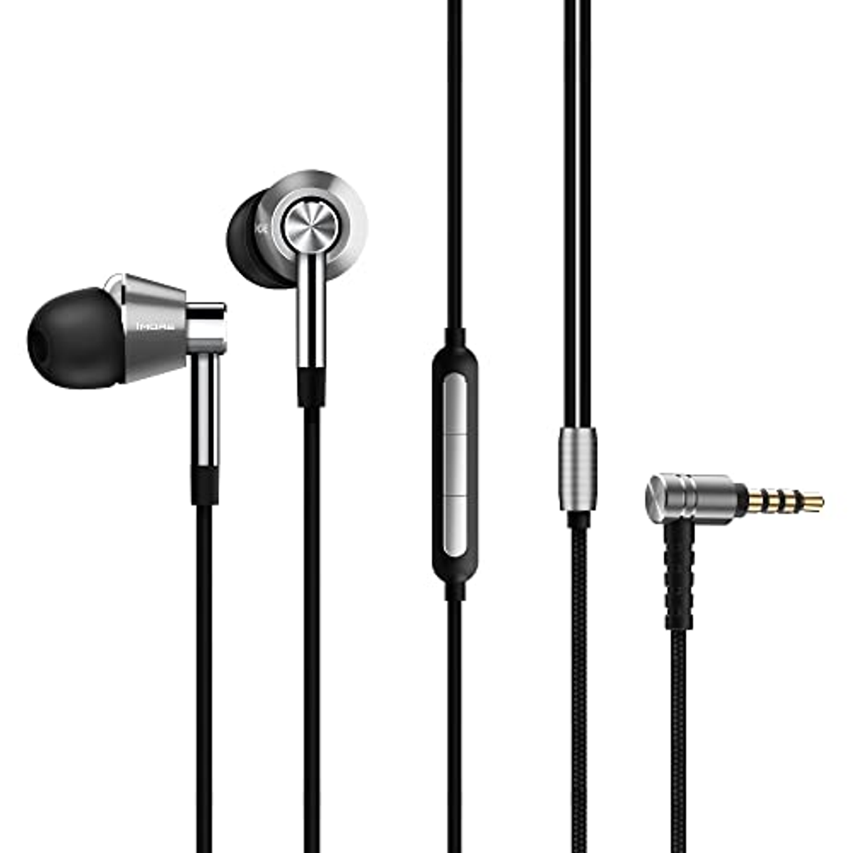 Auricolari, argento/nero, con cavi neri e jack da 3,5 mm.