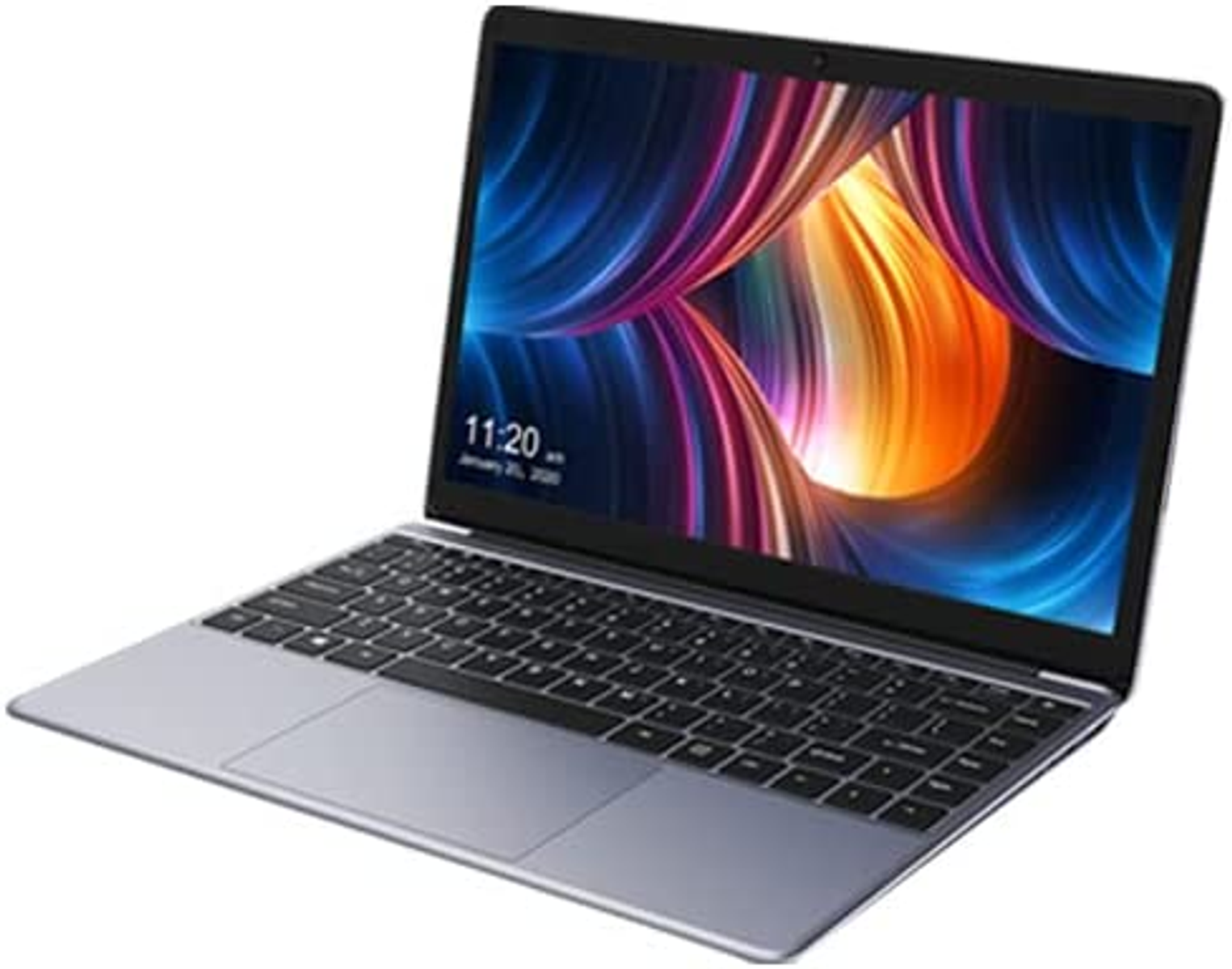 Un laptop aperto con uno sfondo astratto colorato sullo schermo.