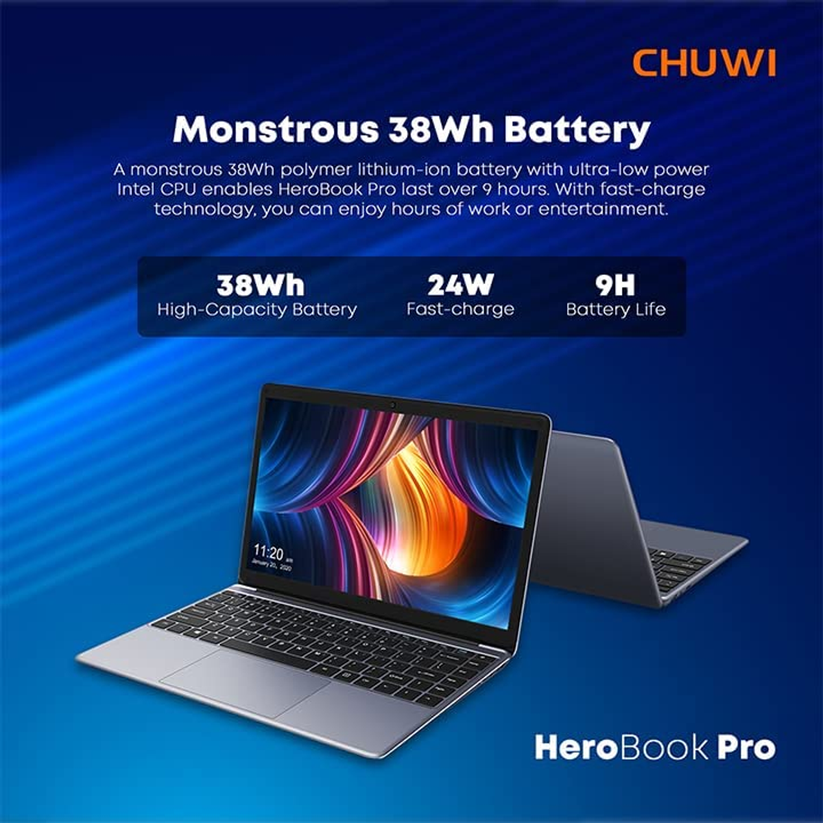 Un laptop argento con schermo vibrante è visualizzato su sfondo blu.