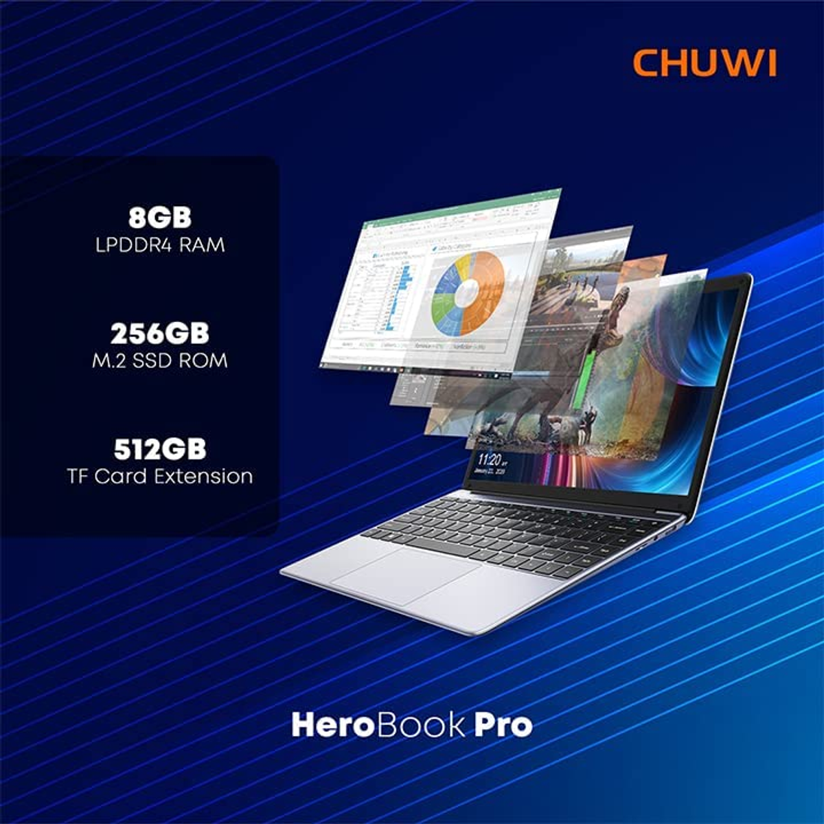 Un laptop argentato con logo CHUWI e specifiche su sfondo blu.