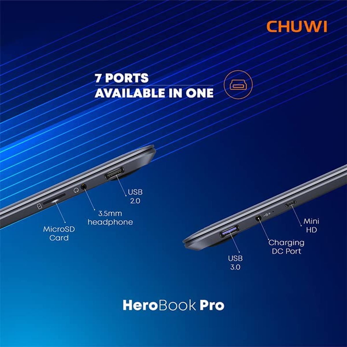 Un laptop con 7 porte, tra cui USB 2.0, USB 3.0, MicroSD, jack per cuffie, porta di ricarica, Mini HD.