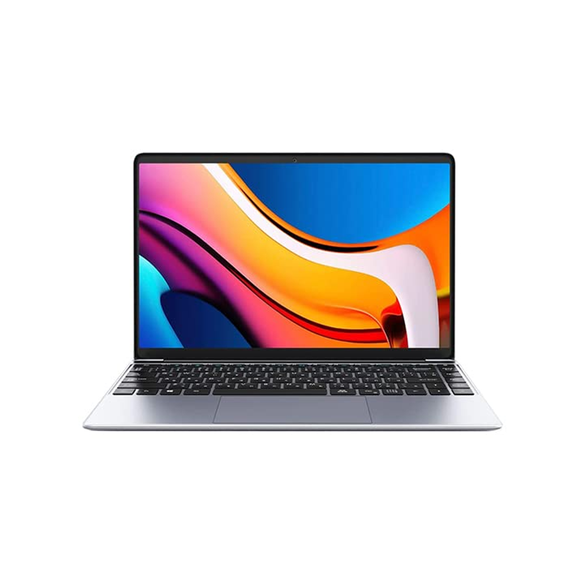 Un laptop argentato aperto con uno sfondo colorato sullo schermo.