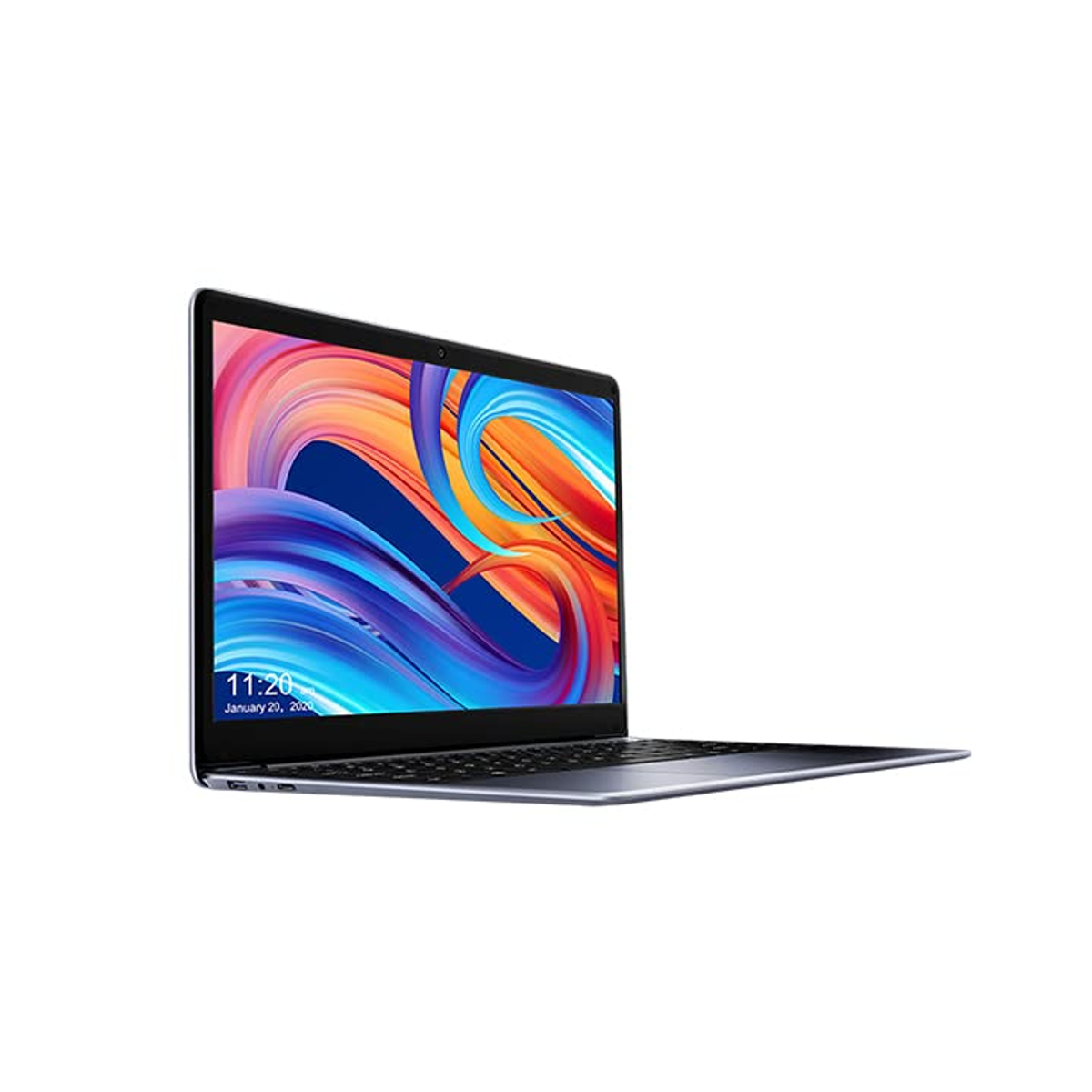 Un laptop aperto con uno sfondo colorato che mostra l'ora 11:20.